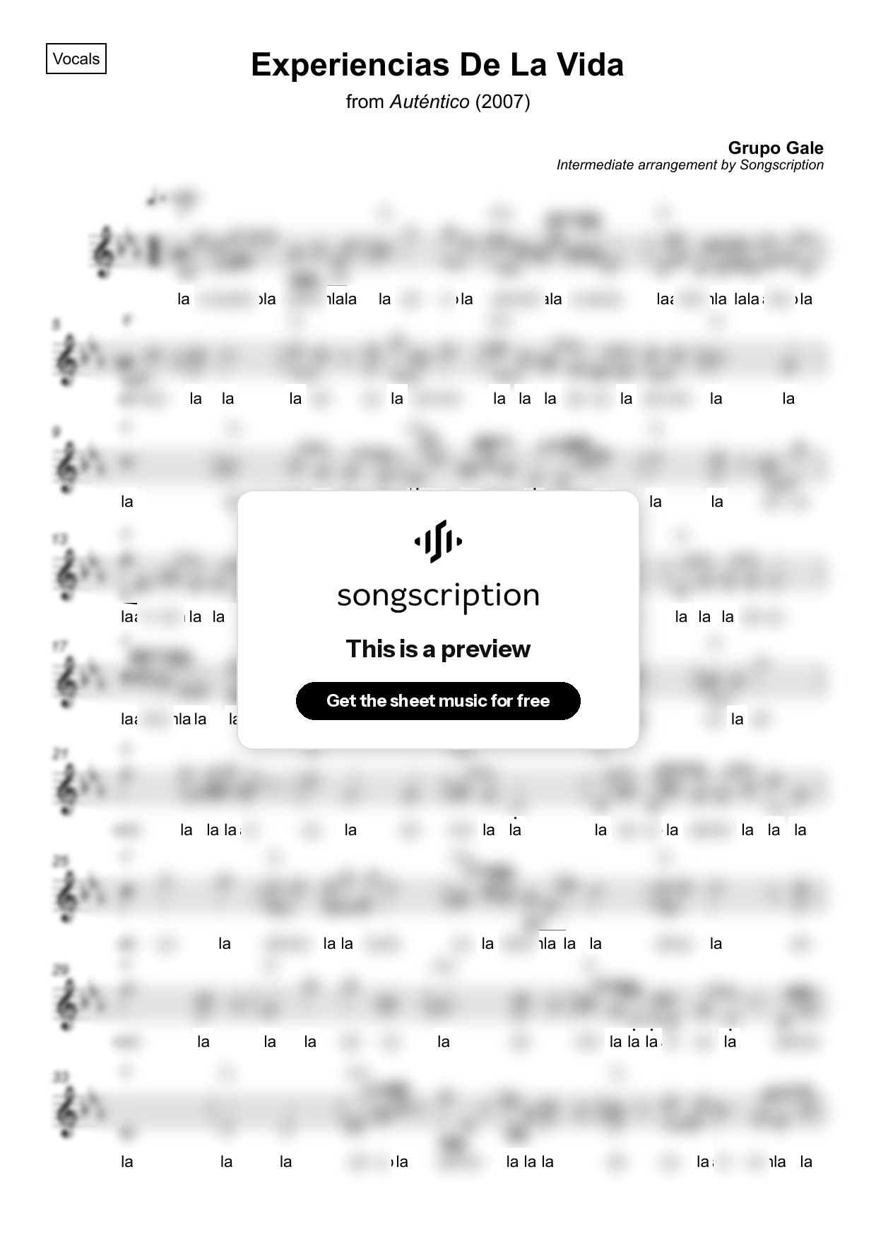 Intermediate Vocals Sheet Music for "Experiencias De La Vida" by Grupo Gale