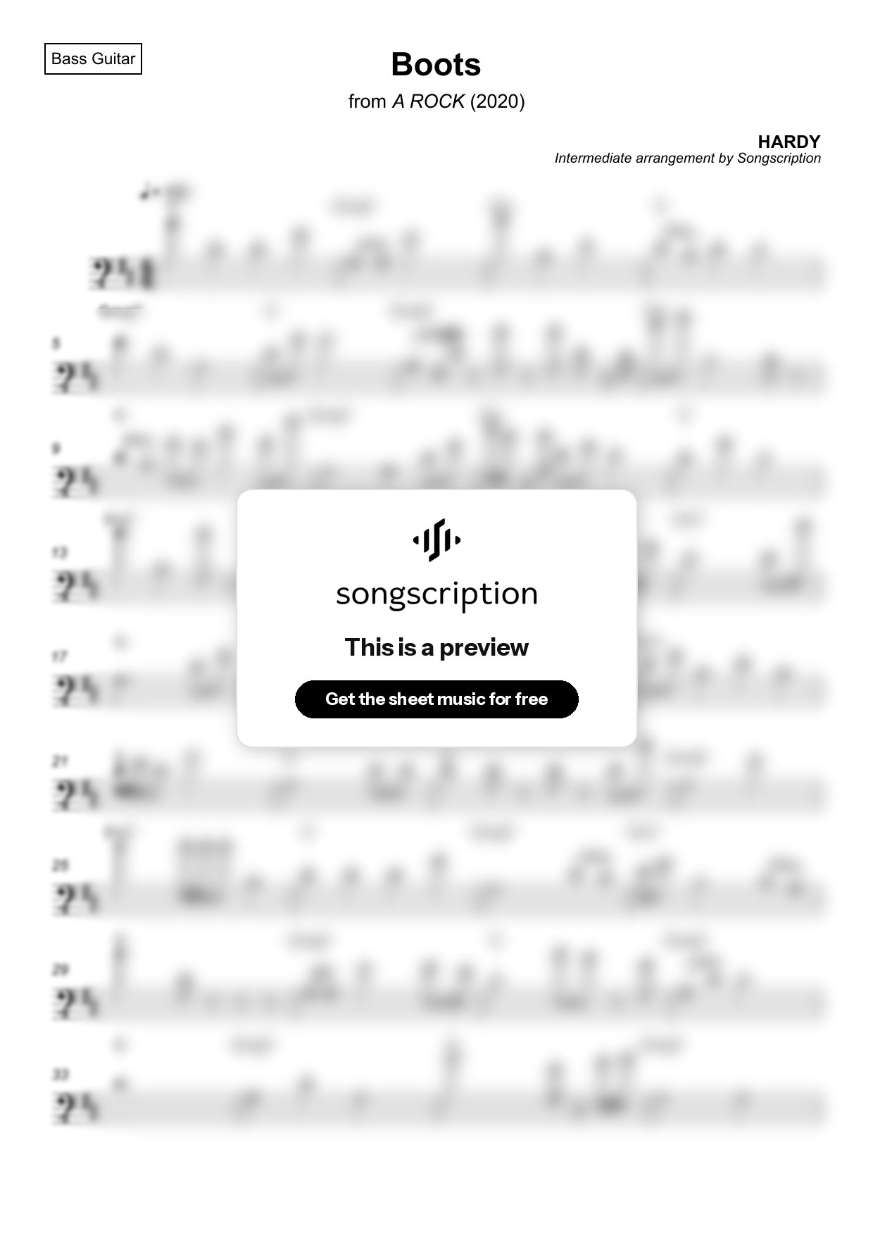 Intermediate Bass Guitar Sheet Music for "Boots" by HARDY