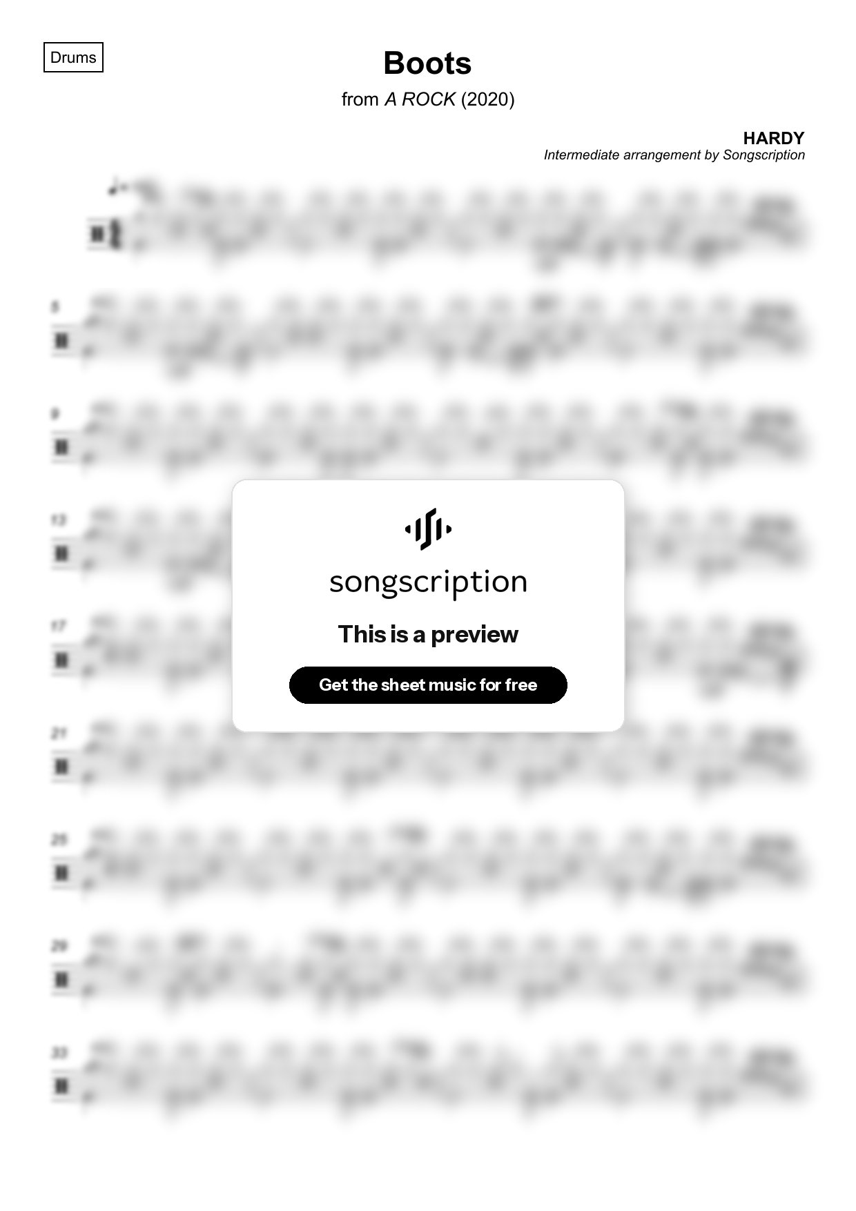Intermediate Drums Sheet Music for "Boots" by HARDY