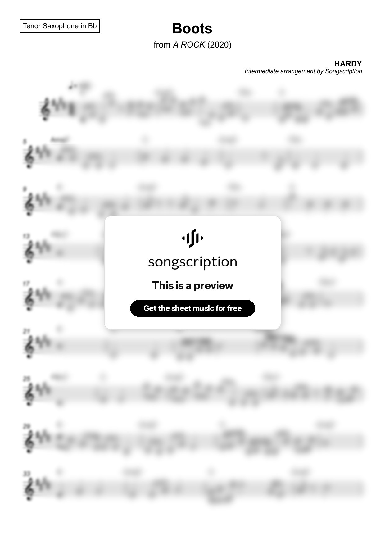 Intermediate Tenor Sax Sheet Music for "Boots" by HARDY