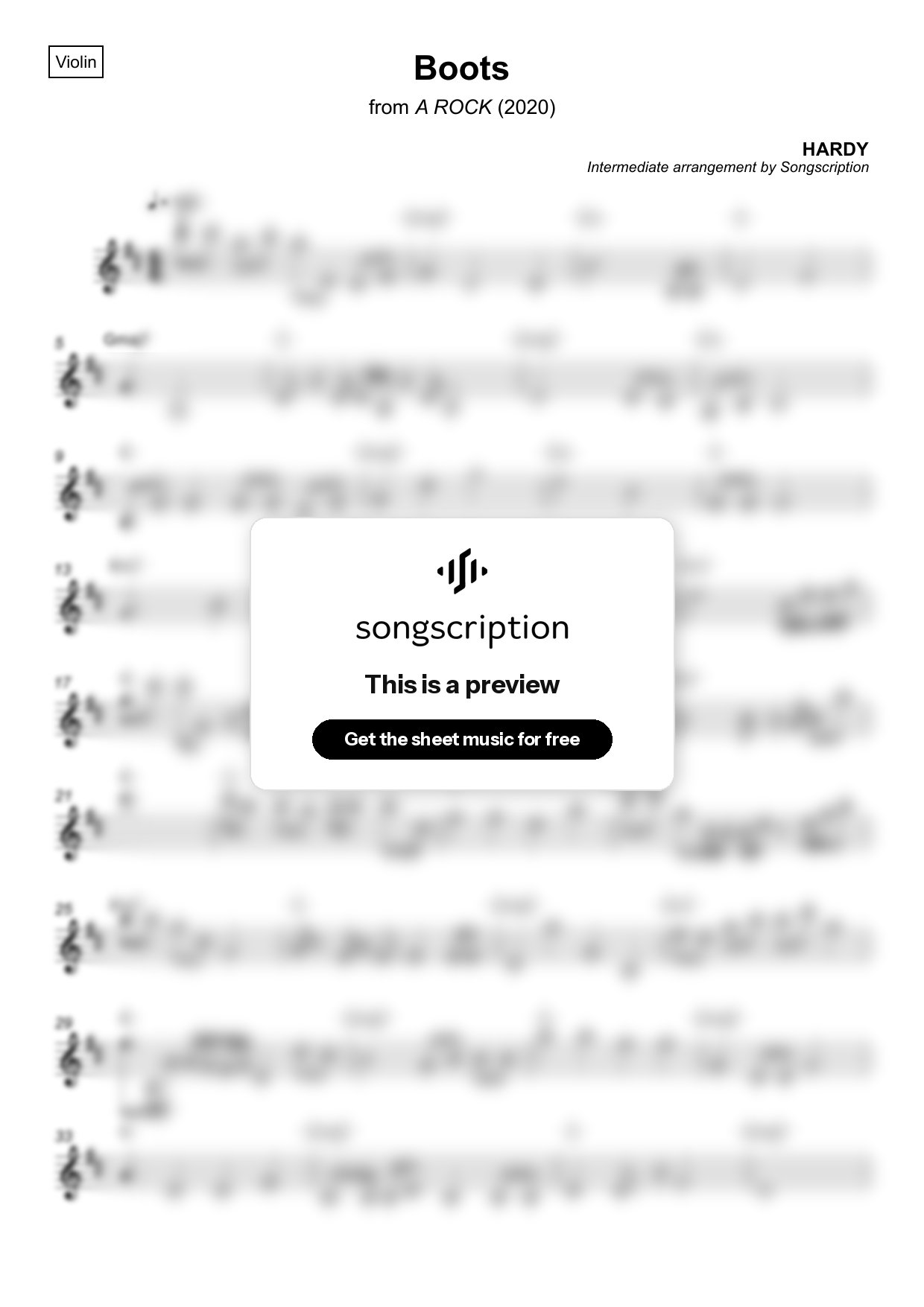 Intermediate Violin Sheet Music for "Boots" by HARDY