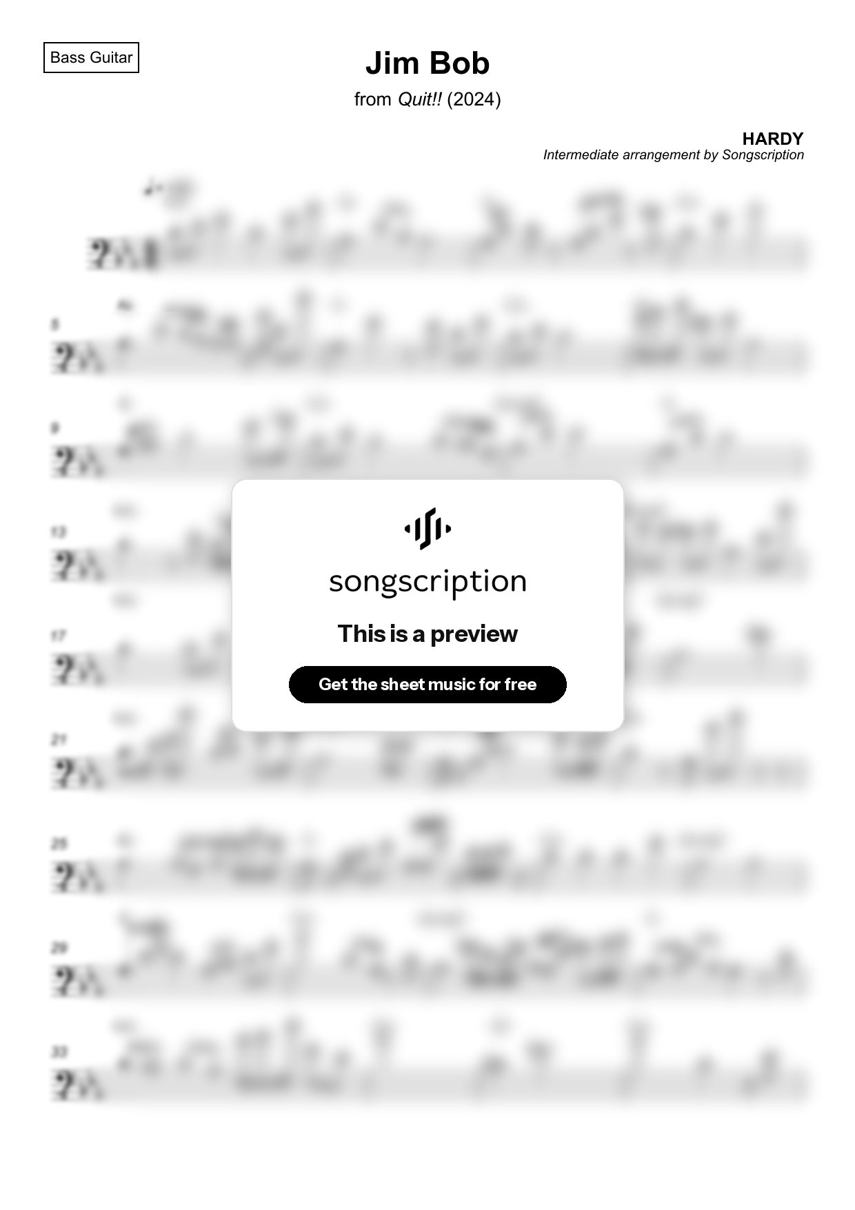 Intermediate Bass Guitar Sheet Music for "Jim Bob" by HARDY