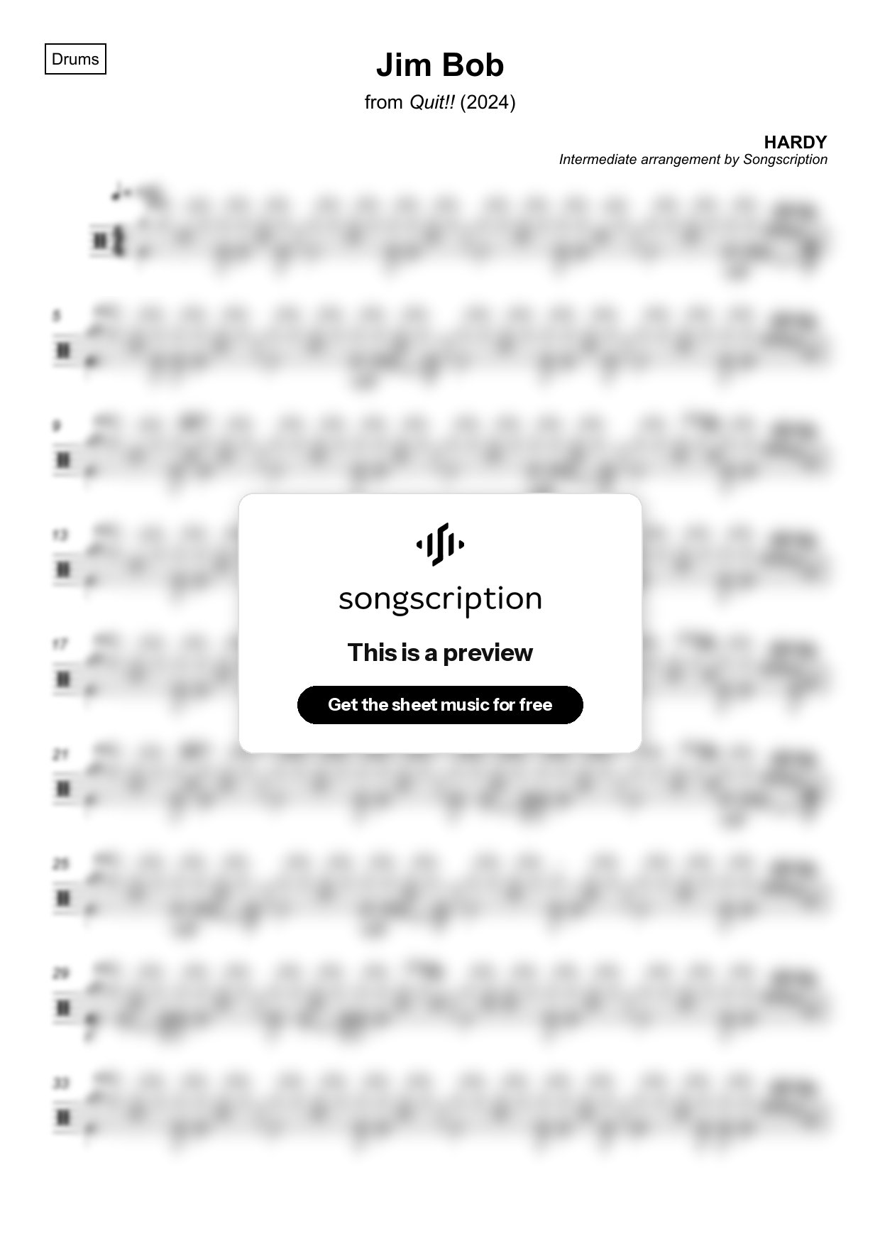 Intermediate Drums Sheet Music for "Jim Bob" by HARDY