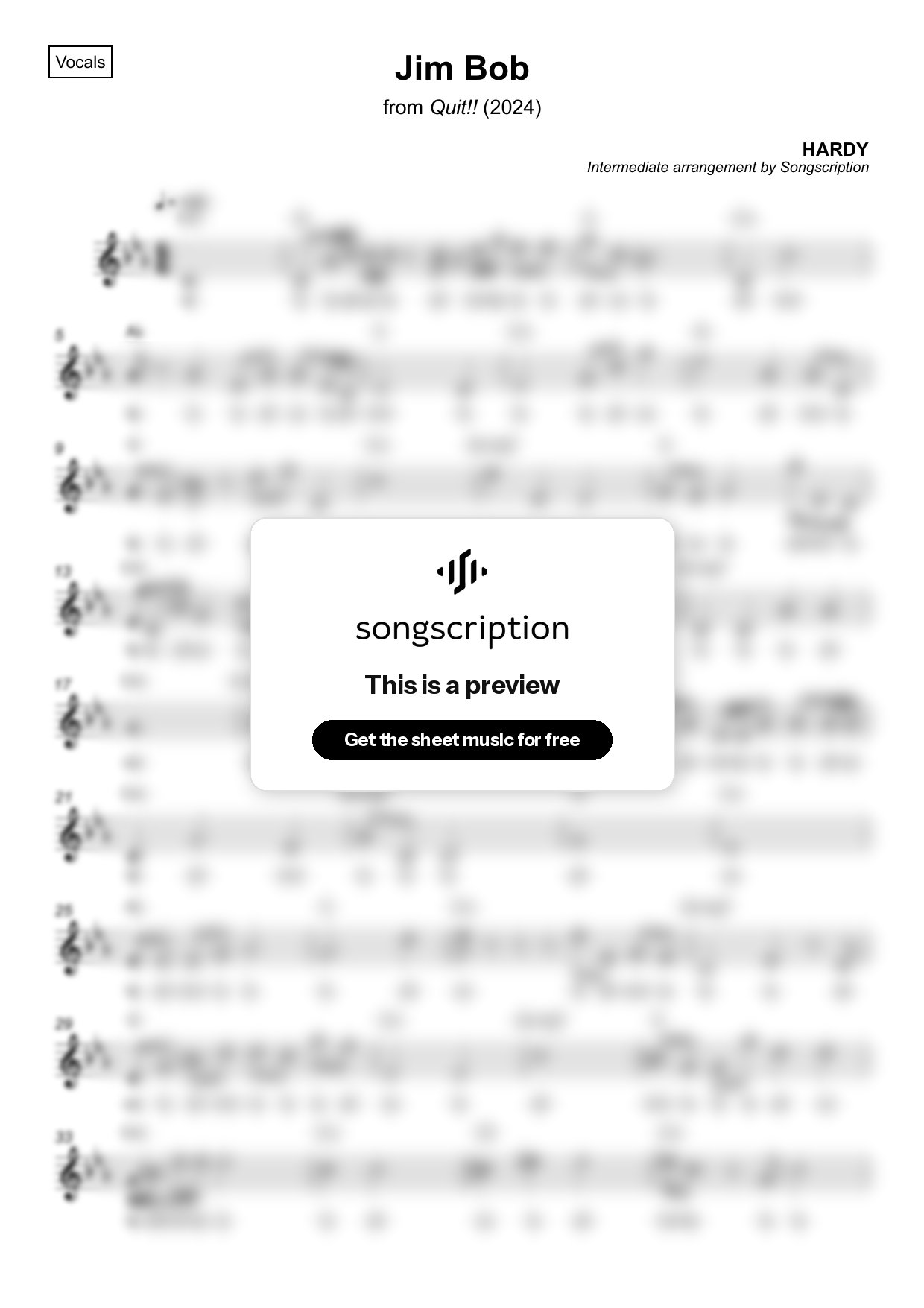 Intermediate Vocals Sheet Music for "Jim Bob" by HARDY