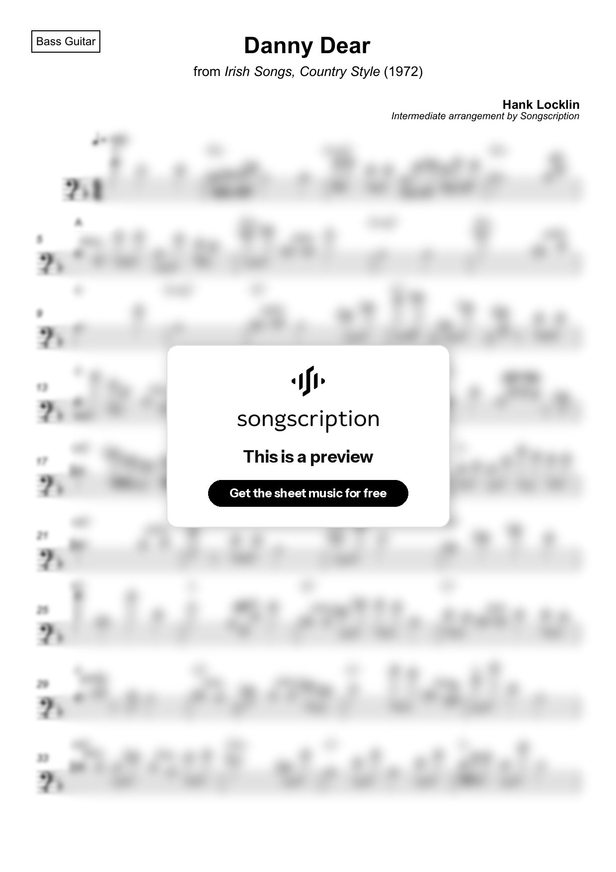 Intermediate Bass Guitar Sheet Music for "Danny Dear" by Hank Locklin