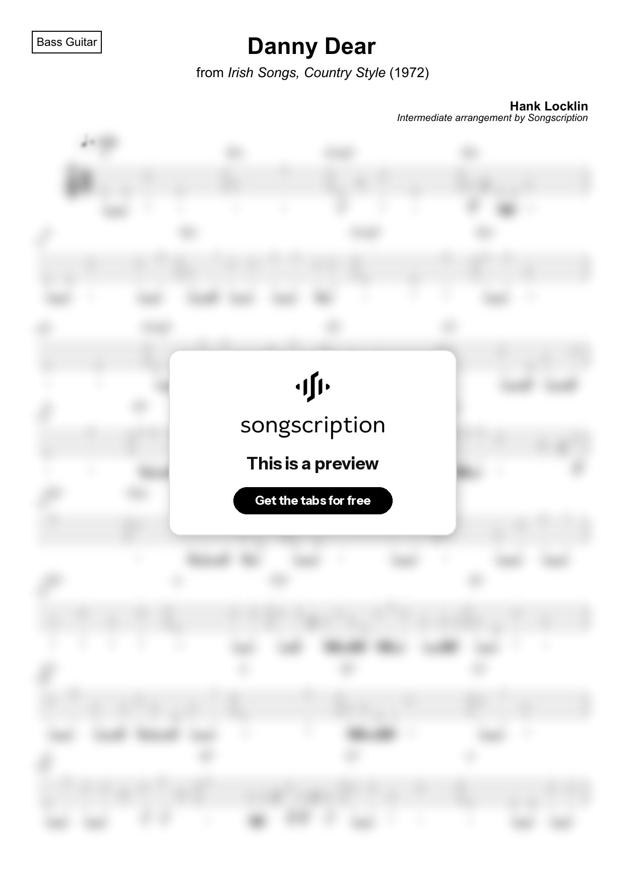 Intermediate Bass Guitar Tabs for "Danny Dear" by Hank Locklin