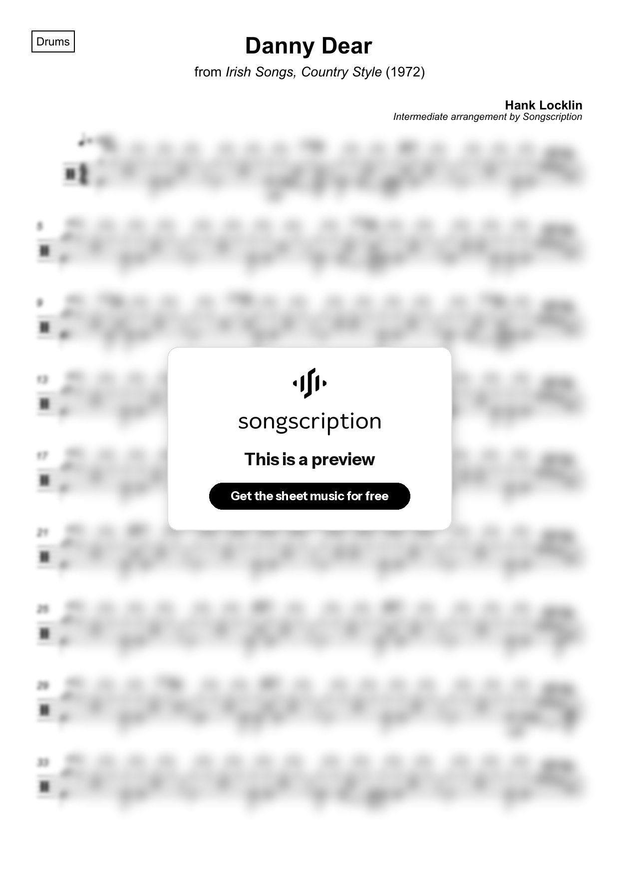 Intermediate Drums Sheet Music for "Danny Dear" by Hank Locklin