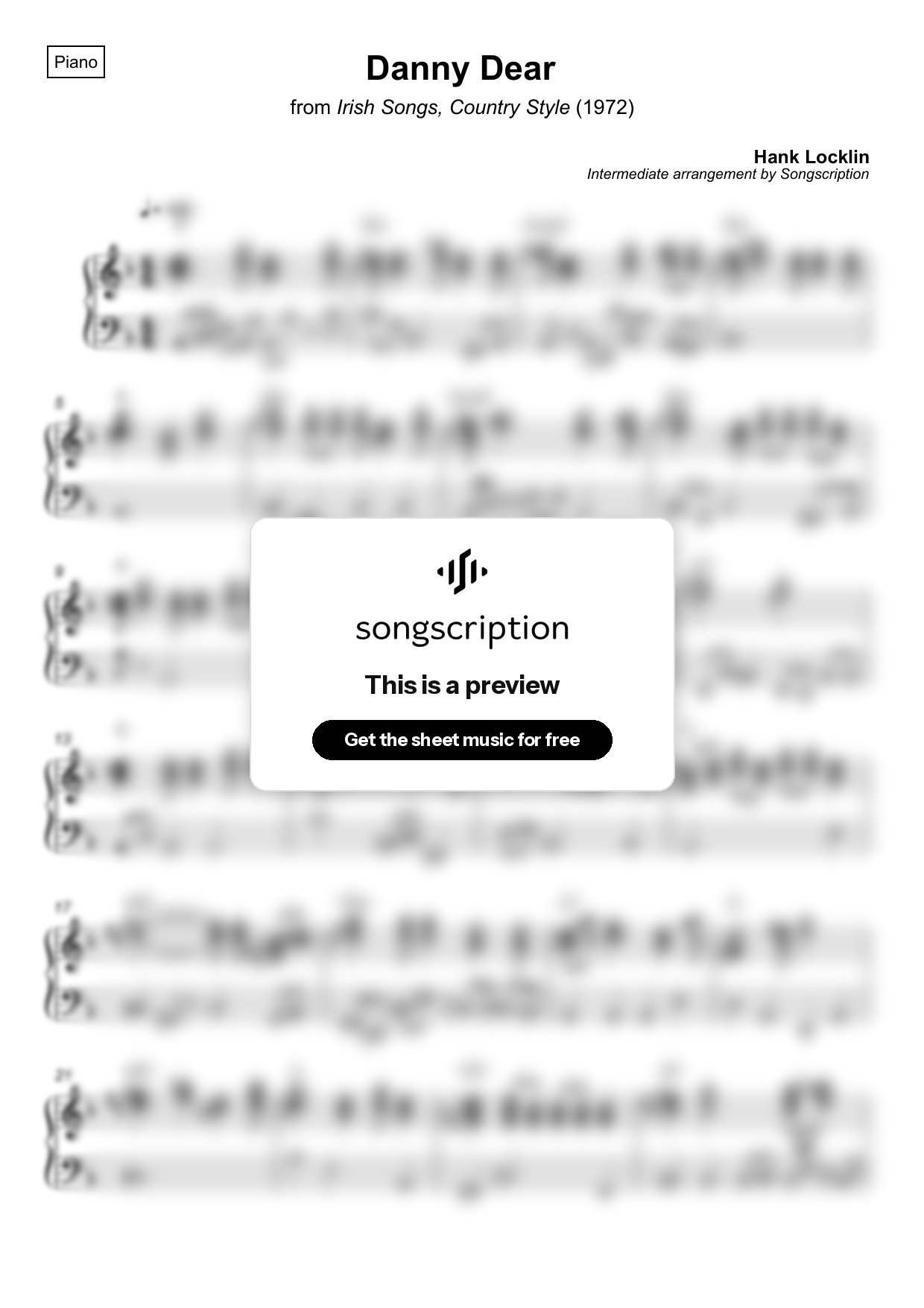 Intermediate Piano Sheet Music for "Danny Dear" by Hank Locklin