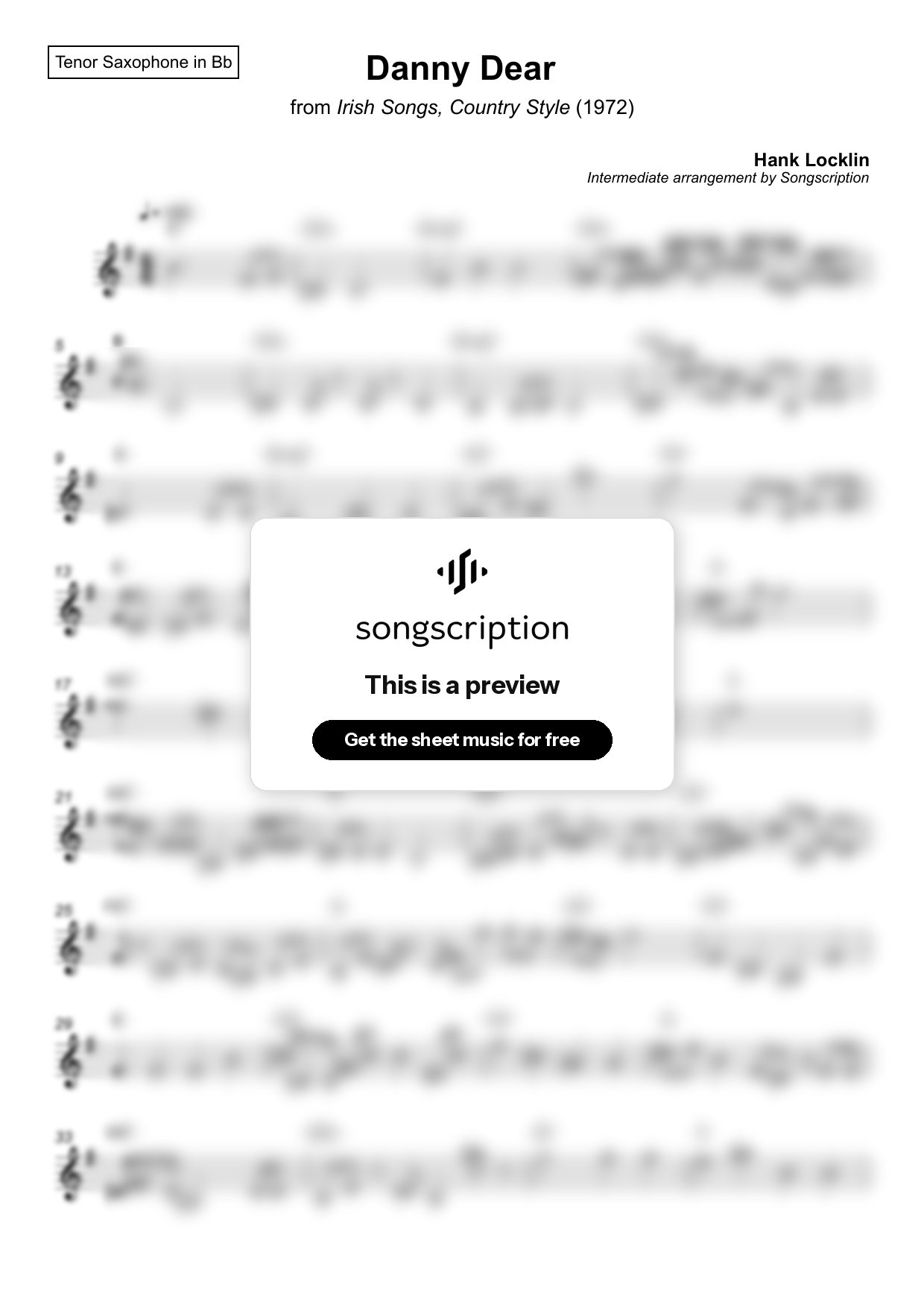 Intermediate Tenor Sax Sheet Music for "Danny Dear" by Hank Locklin