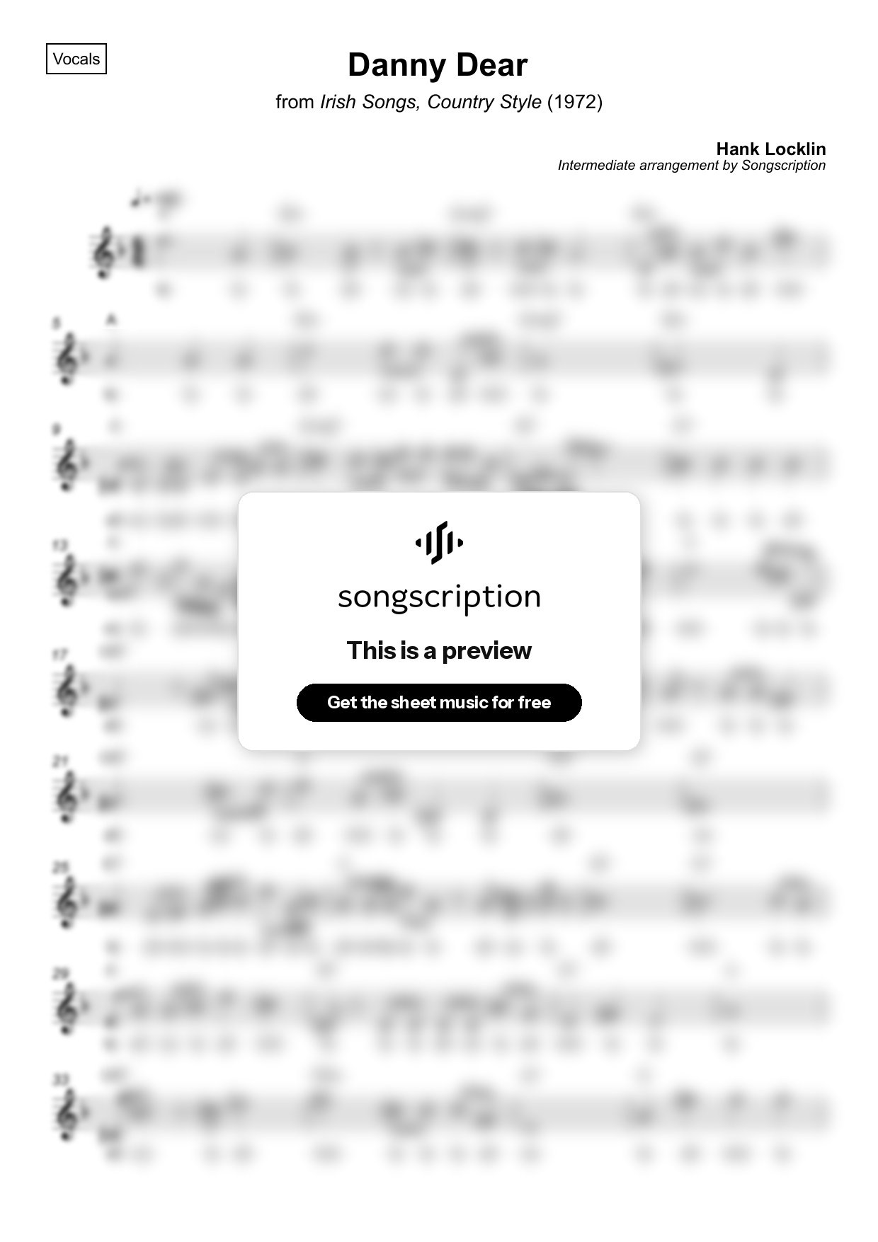 Intermediate Vocals Sheet Music for "Danny Dear" by Hank Locklin