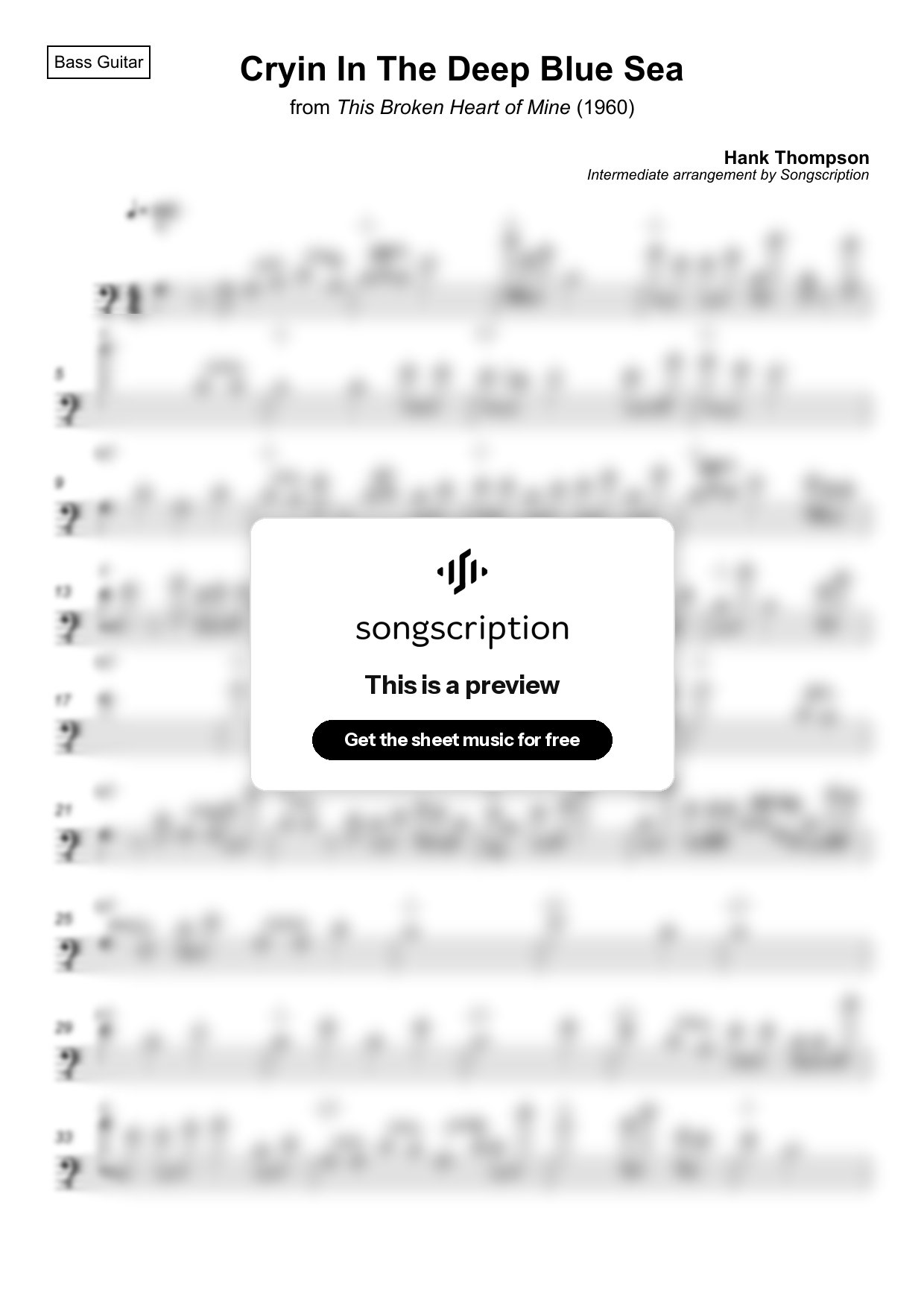 Intermediate Bass Guitar Sheet Music for "Cryin In The Deep Blue Sea" by Hank Thompson