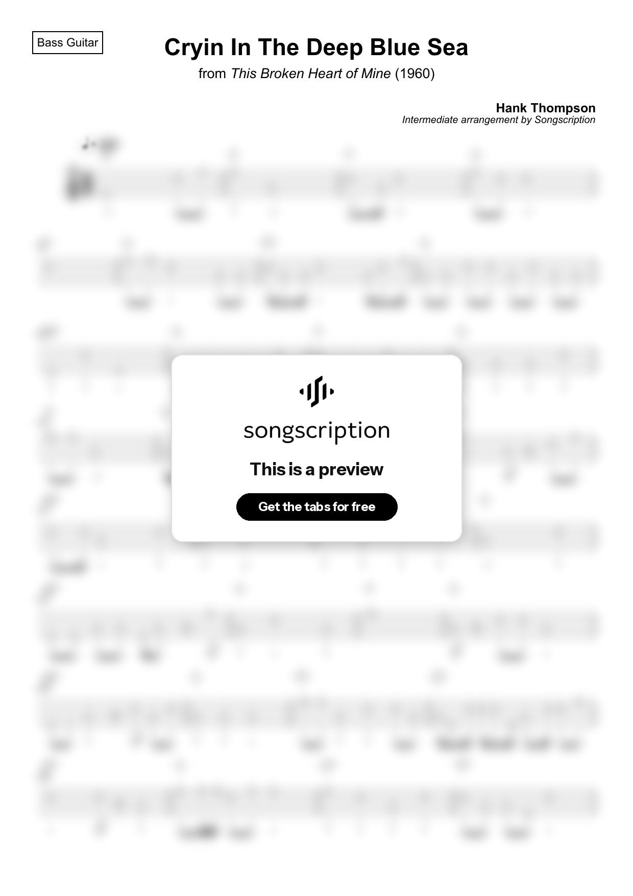 Intermediate Bass Guitar Tabs for "Cryin In The Deep Blue Sea" by Hank Thompson