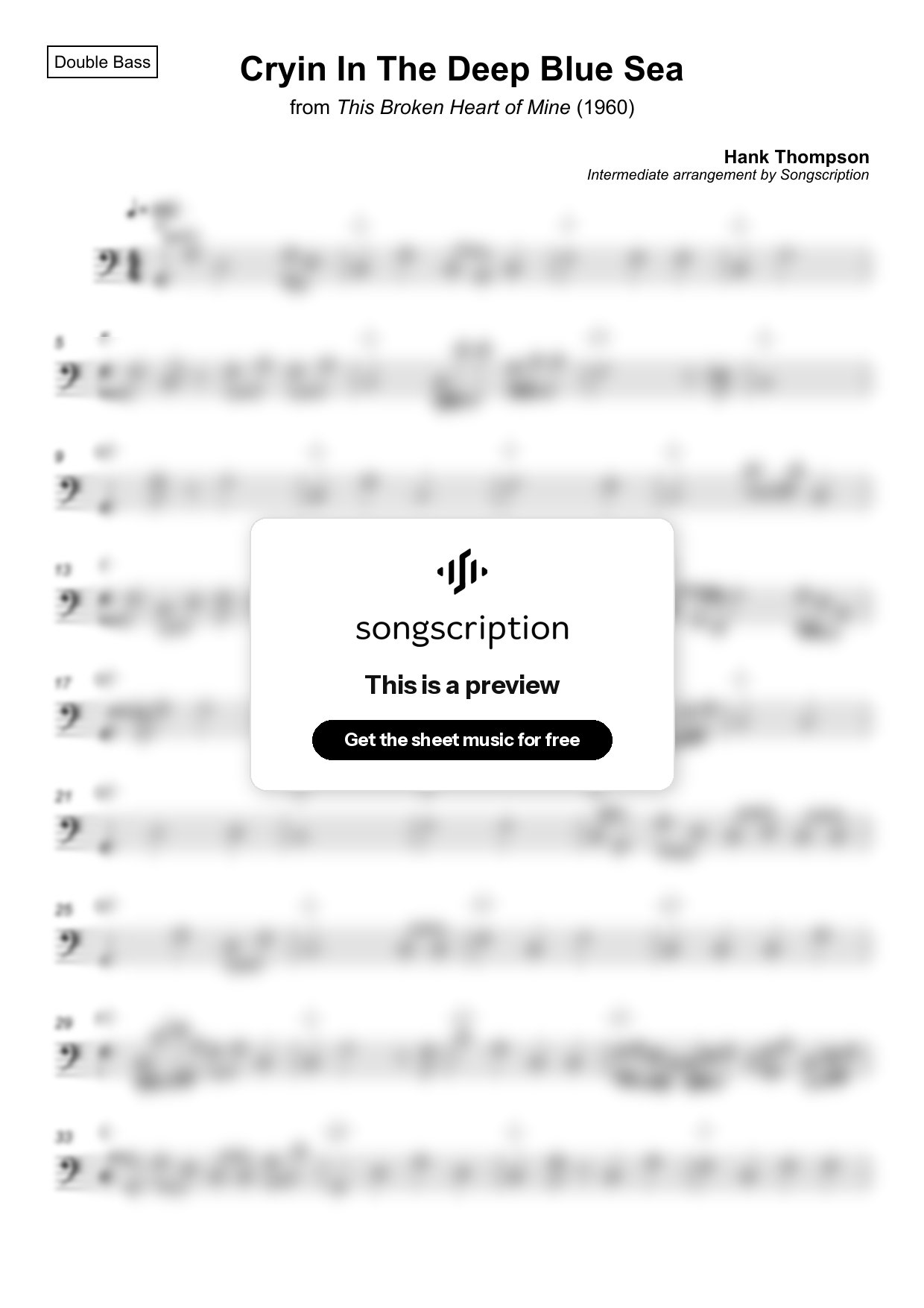 Intermediate Double Bass Sheet Music for "Cryin In The Deep Blue Sea" by Hank Thompson