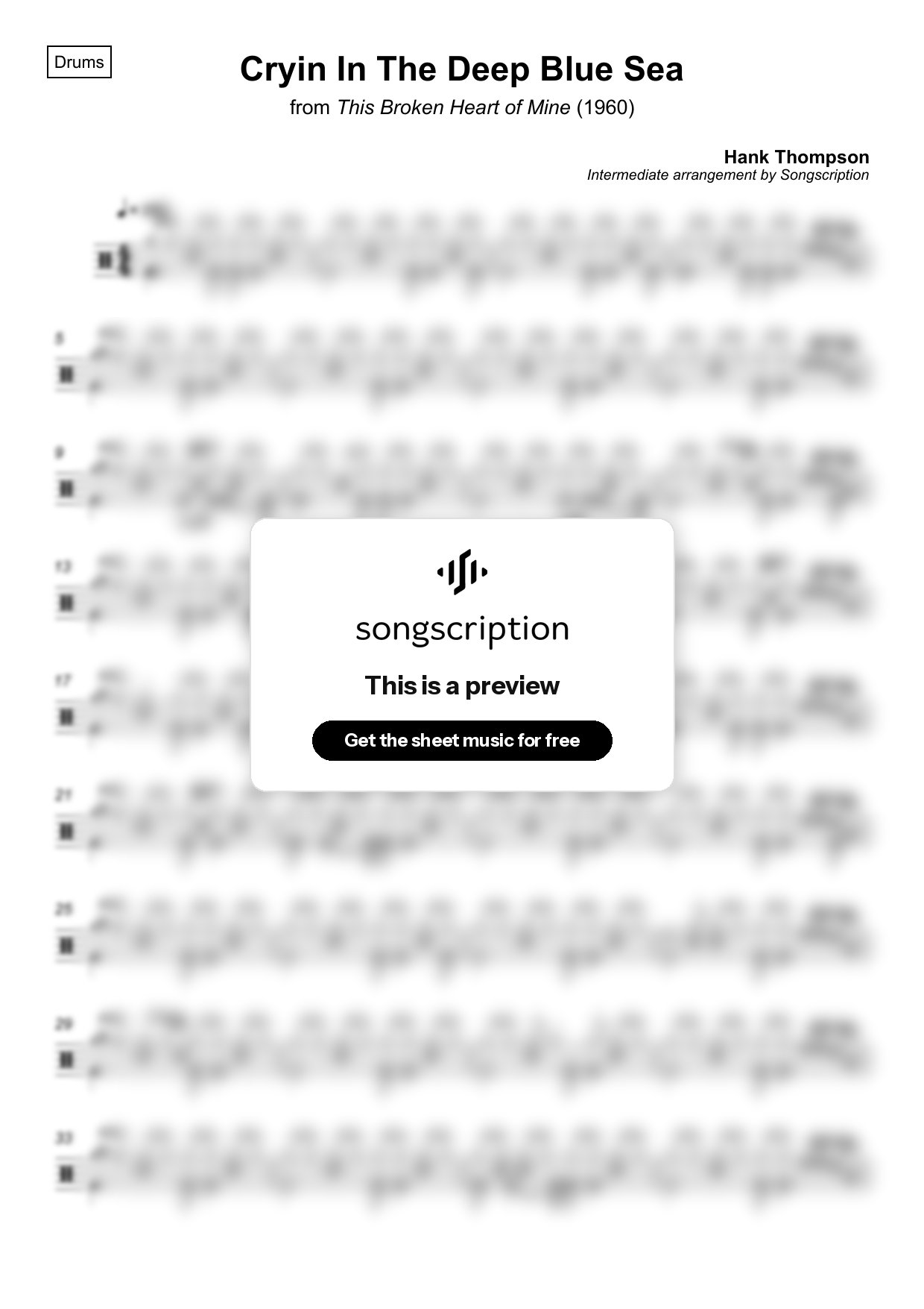 Intermediate Drums Sheet Music for "Cryin In The Deep Blue Sea" by Hank Thompson