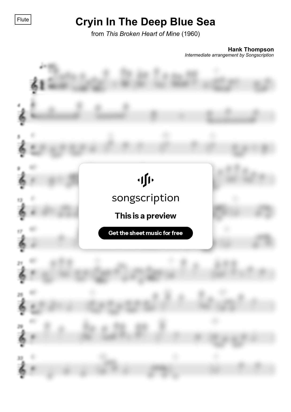 Intermediate Flute Sheet Music for "Cryin In The Deep Blue Sea" by Hank Thompson