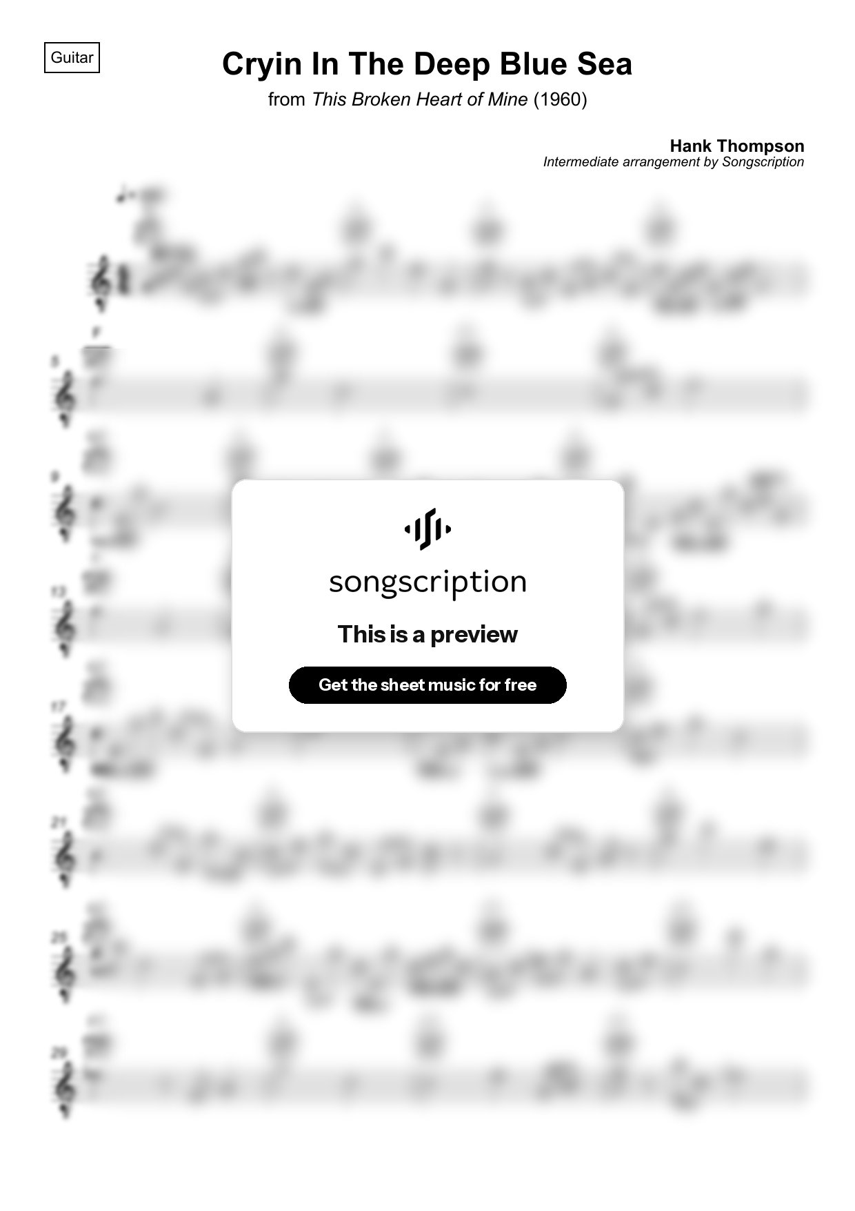 Intermediate Acoustic Guitar Sheet Music for "Cryin In The Deep Blue Sea" by Hank Thompson
