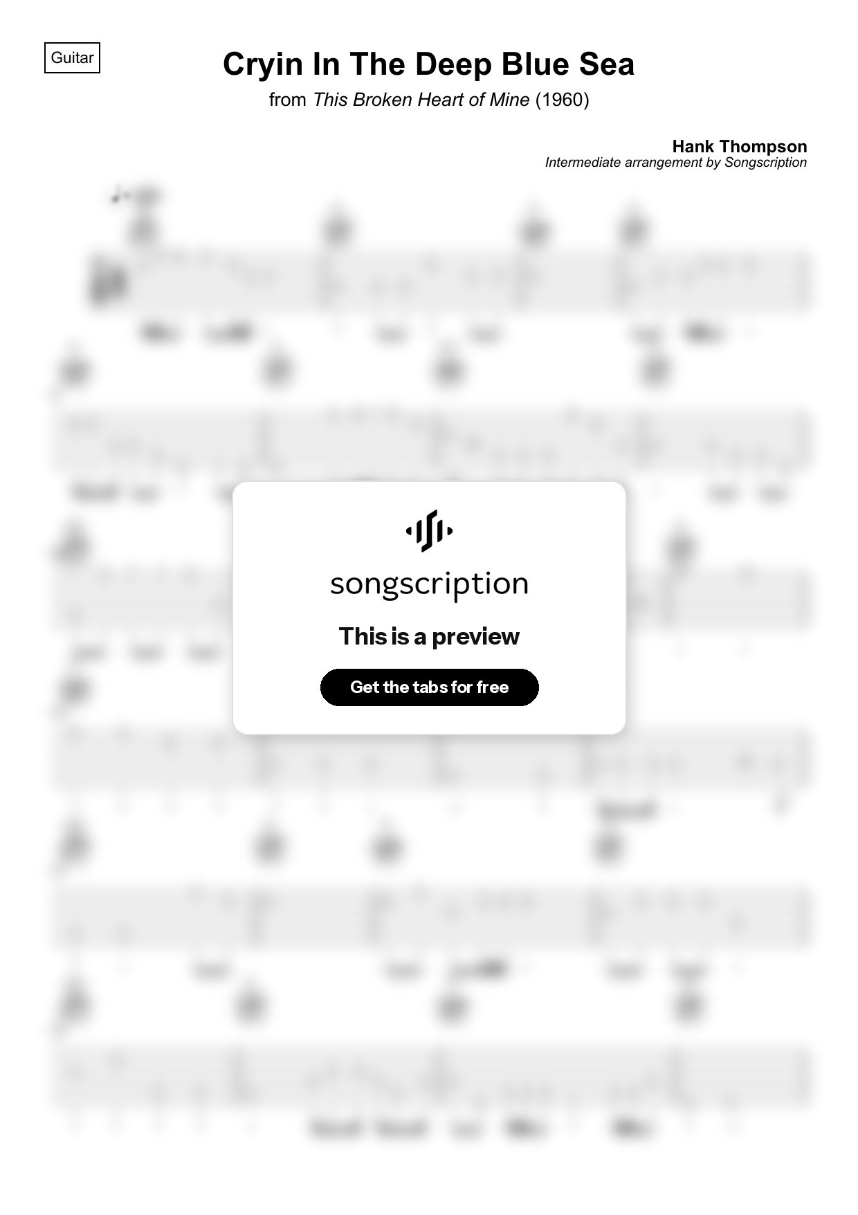 Intermediate Acoustic Guitar Tabs for "Cryin In The Deep Blue Sea" by Hank Thompson