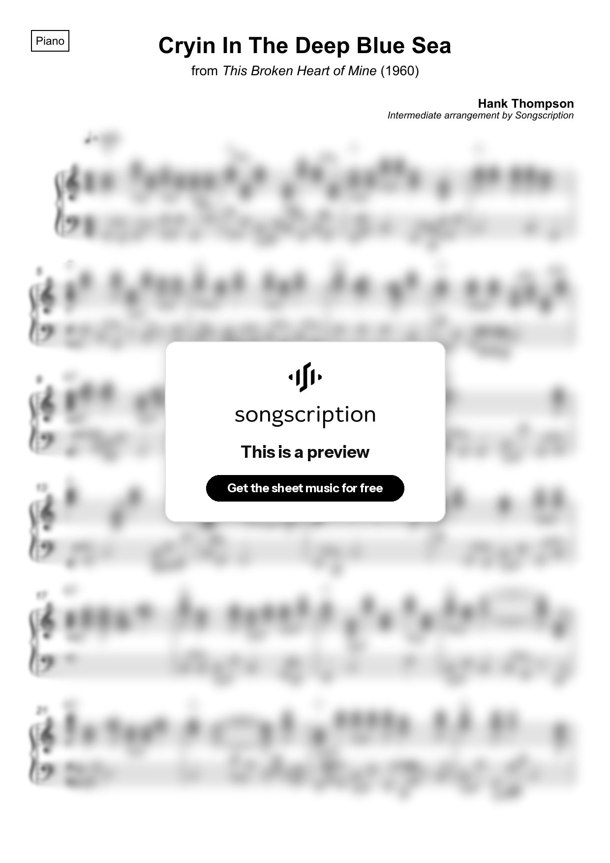 Intermediate Piano Sheet Music for "Cryin In The Deep Blue Sea" by Hank Thompson