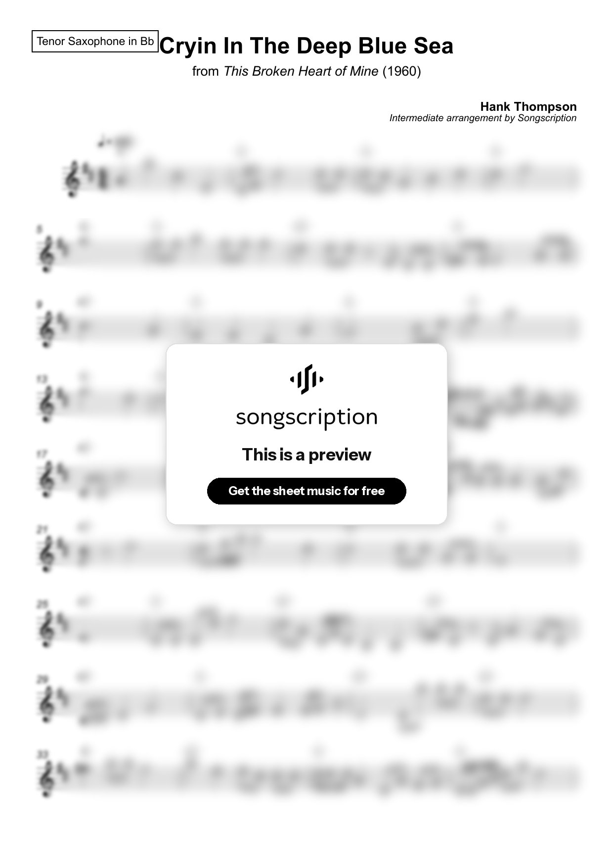 Intermediate Tenor Sax Sheet Music for "Cryin In The Deep Blue Sea" by Hank Thompson