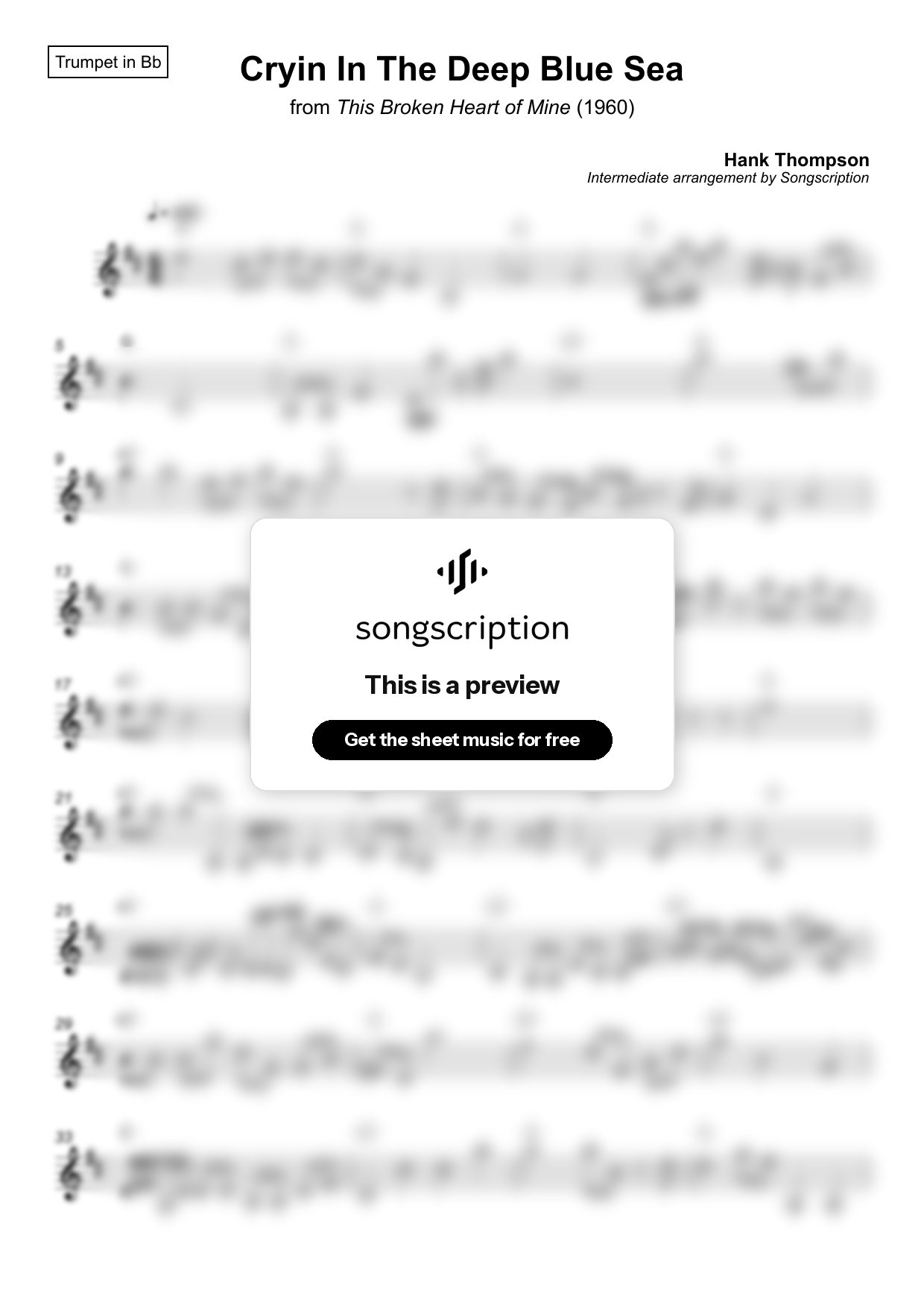 Intermediate Trumpet Sheet Music for "Cryin In The Deep Blue Sea" by Hank Thompson