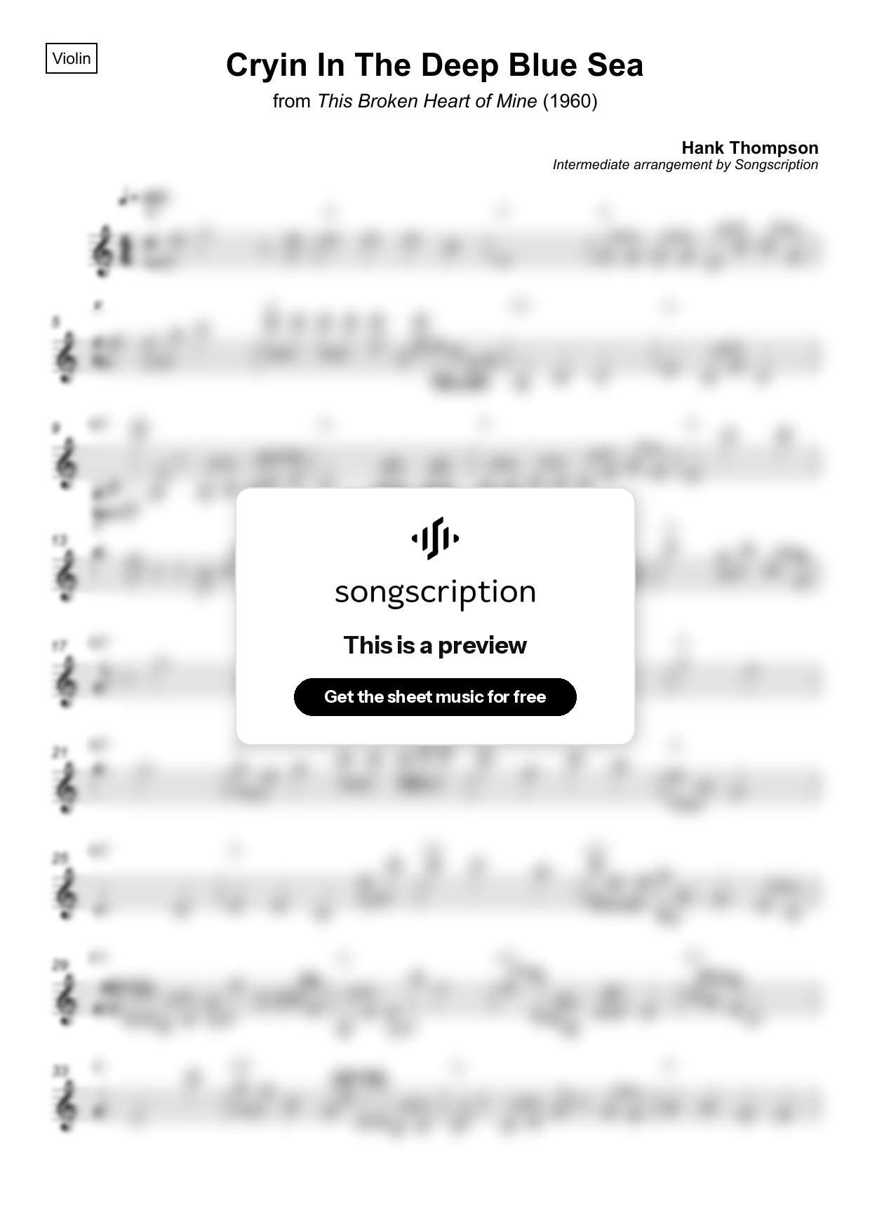 Intermediate Violin Sheet Music for "Cryin In The Deep Blue Sea" by Hank Thompson