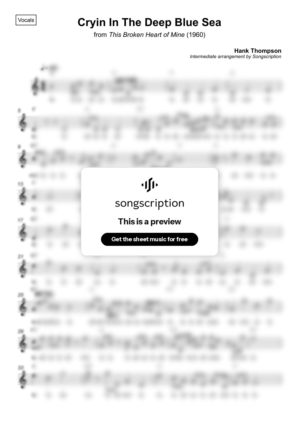 Intermediate Vocals Sheet Music for "Cryin In The Deep Blue Sea" by Hank Thompson