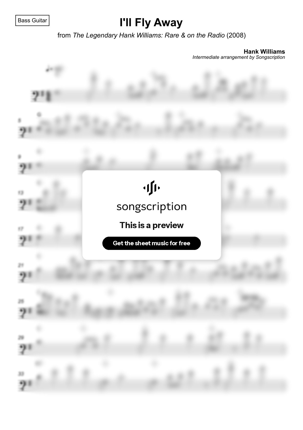 Intermediate Bass Guitar Sheet Music for "I'll Fly Away" by Hank Williams