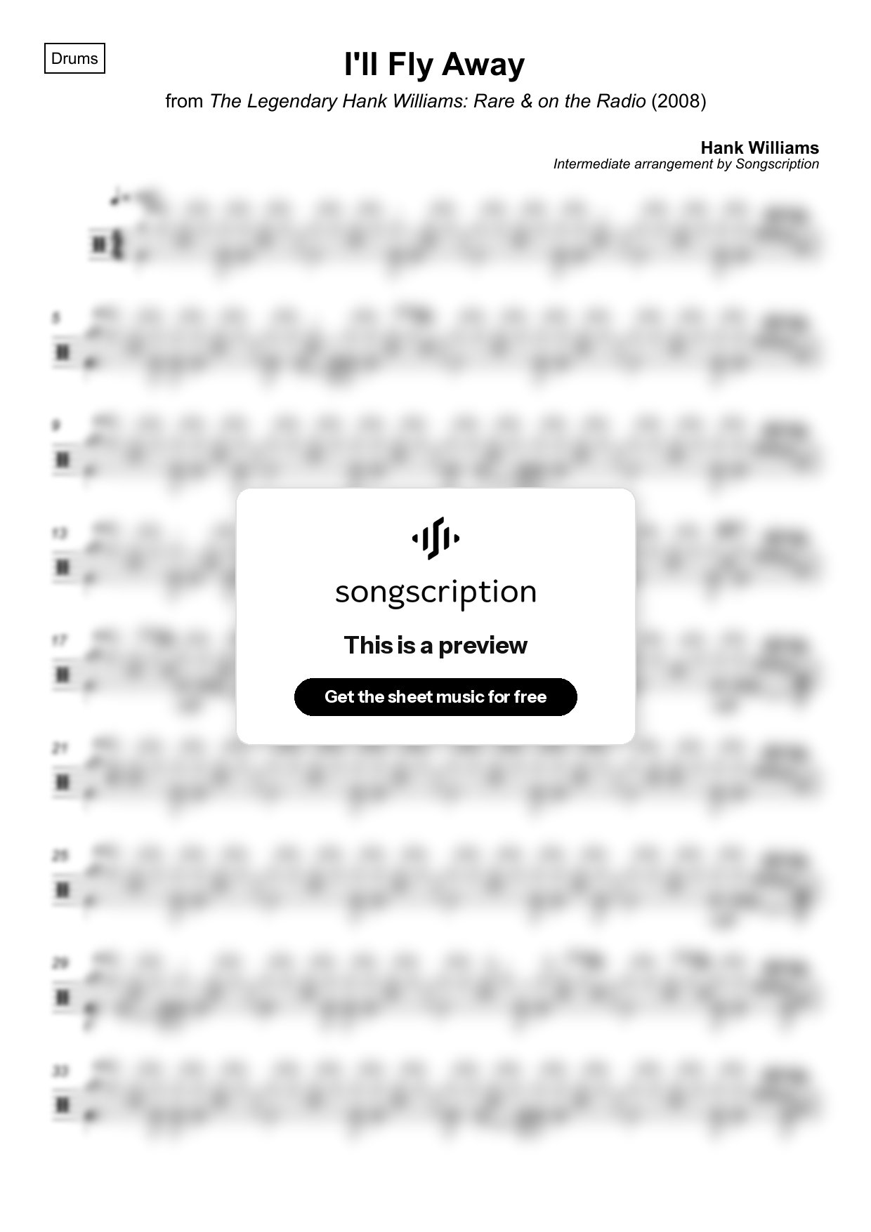 Intermediate Drums Sheet Music for "I'll Fly Away" by Hank Williams