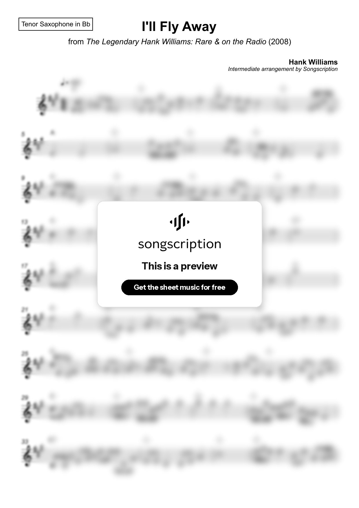 Intermediate Tenor Sax Sheet Music for "I'll Fly Away" by Hank Williams