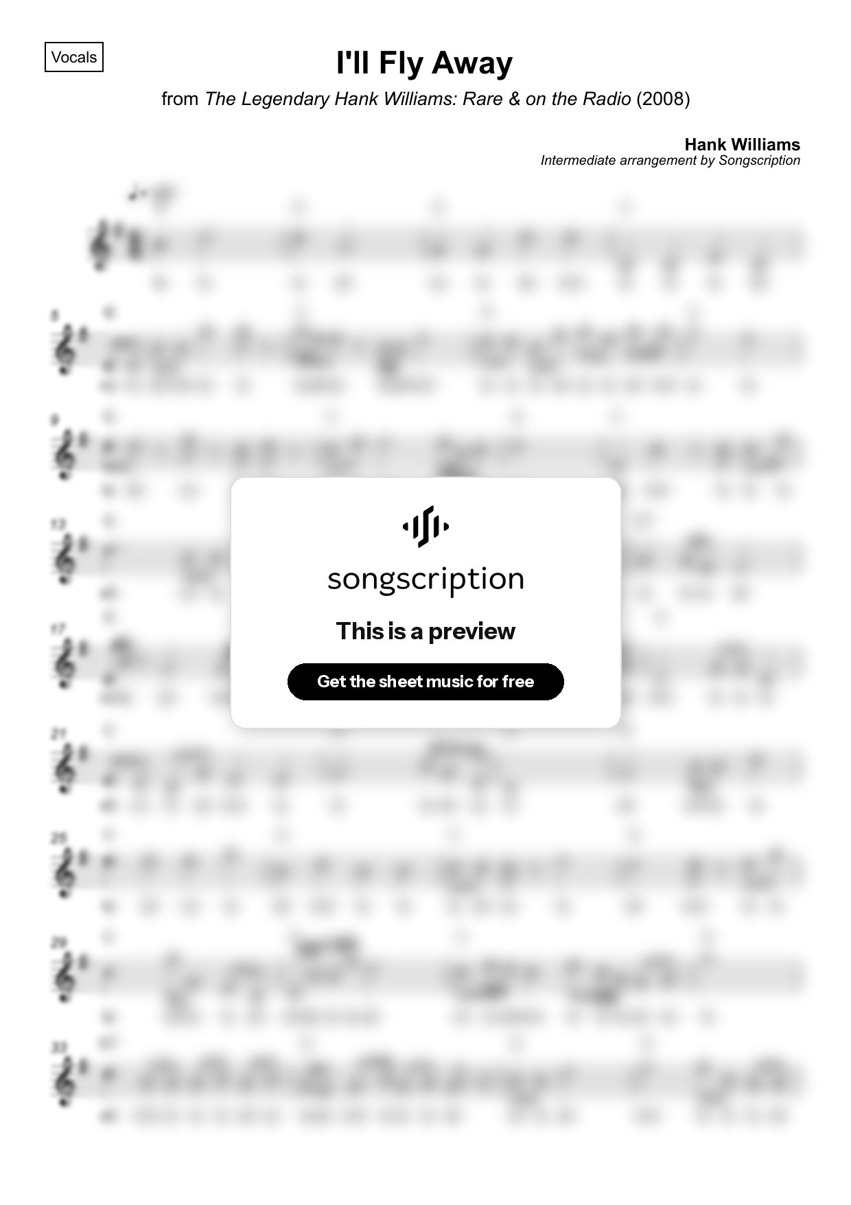 Intermediate Vocals Sheet Music for "I'll Fly Away" by Hank Williams