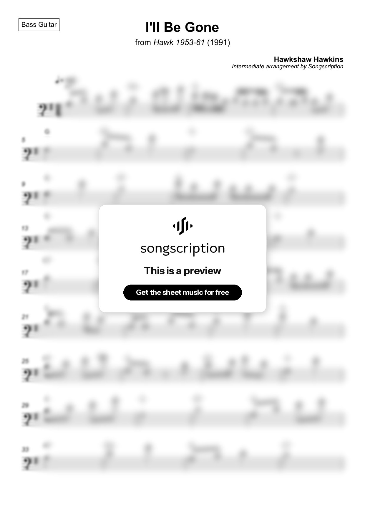 Intermediate Bass Guitar Sheet Music for "I'll Be Gone" by Hawkshaw Hawkins