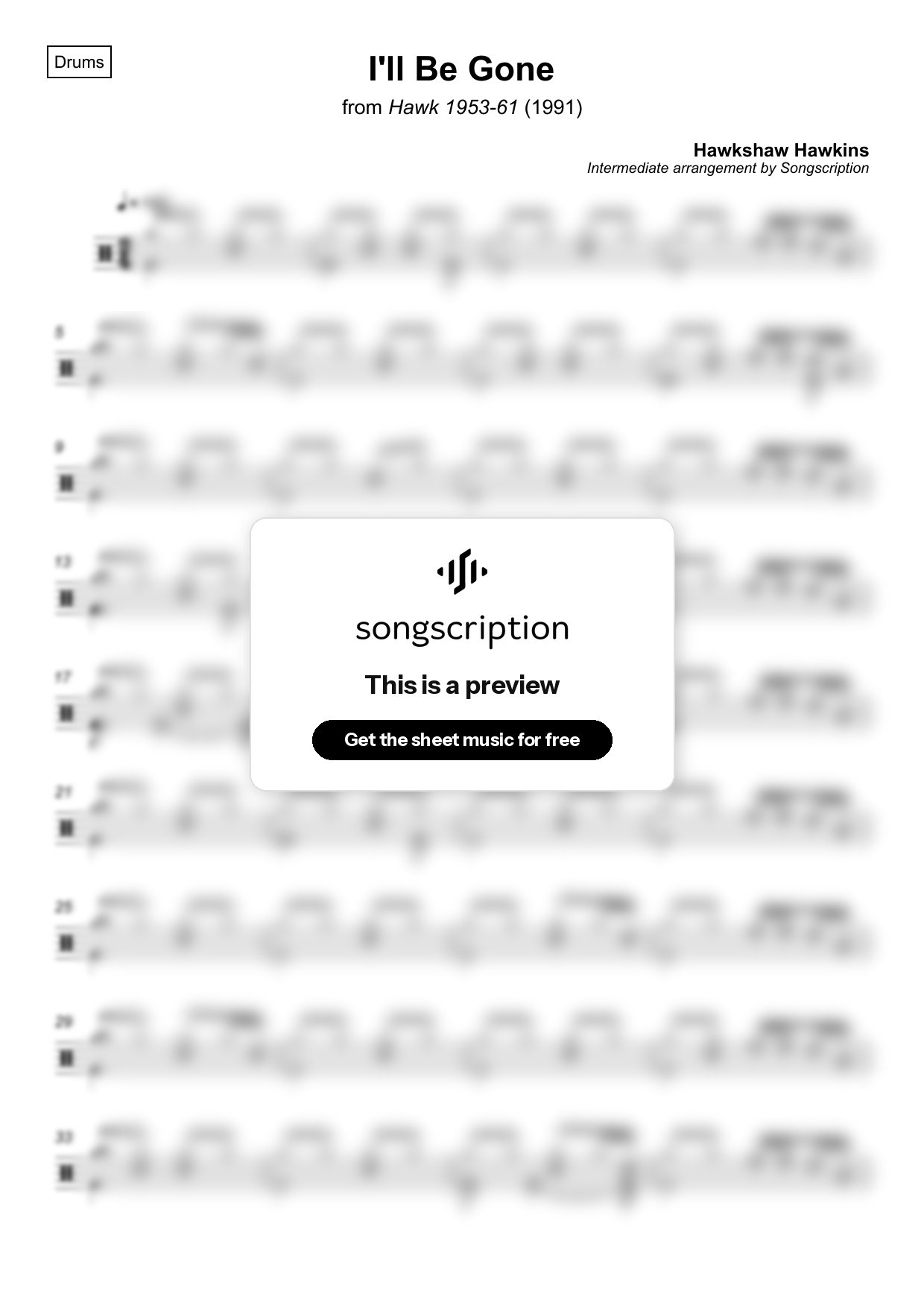 Intermediate Drums Sheet Music for "I'll Be Gone" by Hawkshaw Hawkins