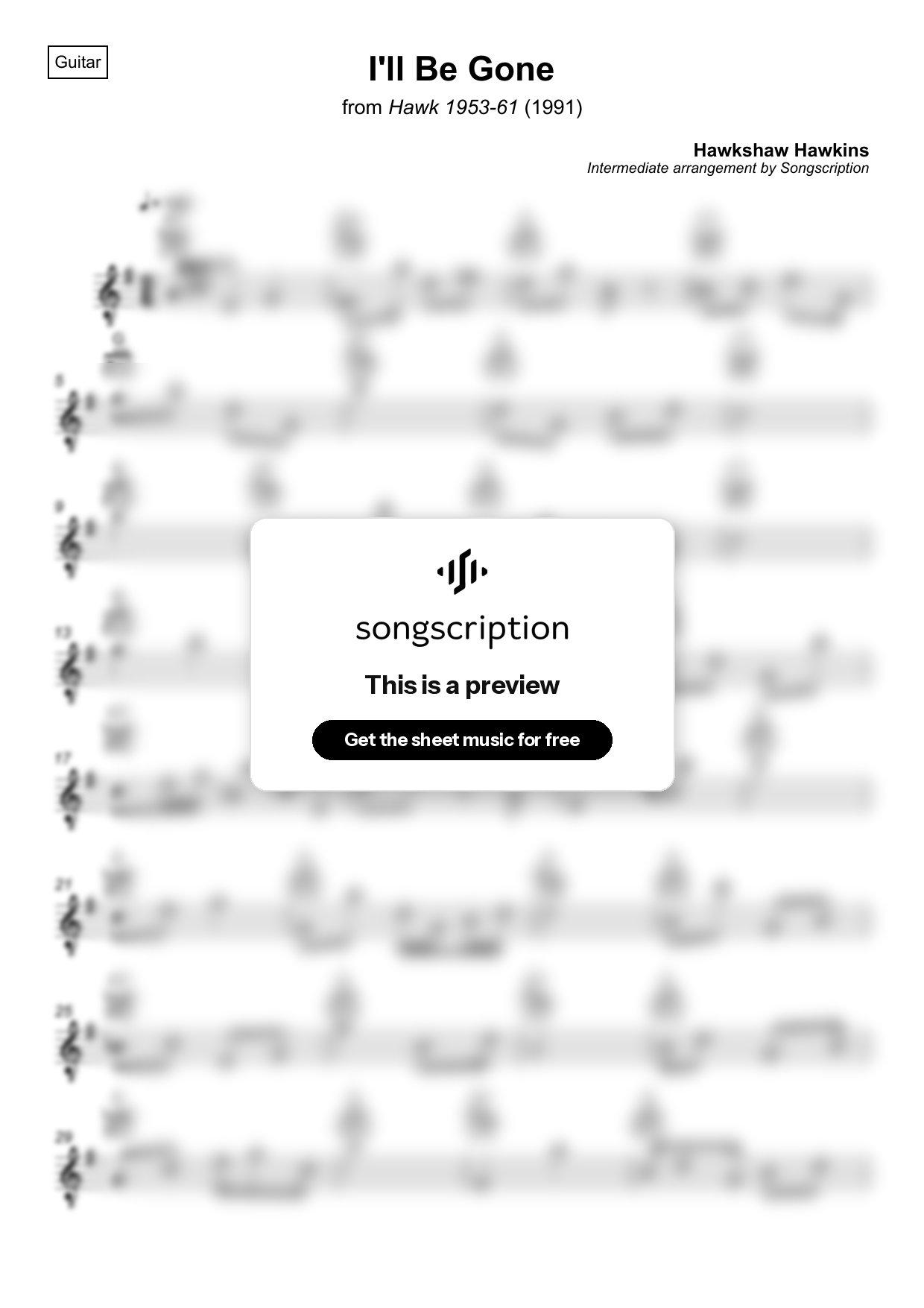 Intermediate Acoustic Guitar Sheet Music for "I'll Be Gone" by Hawkshaw Hawkins