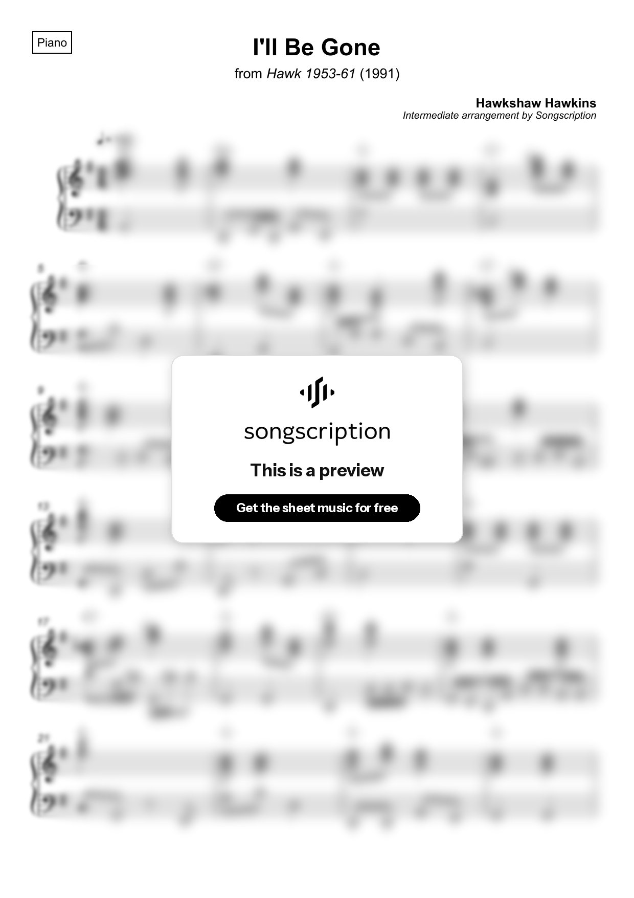 Intermediate Piano Sheet Music for "I'll Be Gone" by Hawkshaw Hawkins