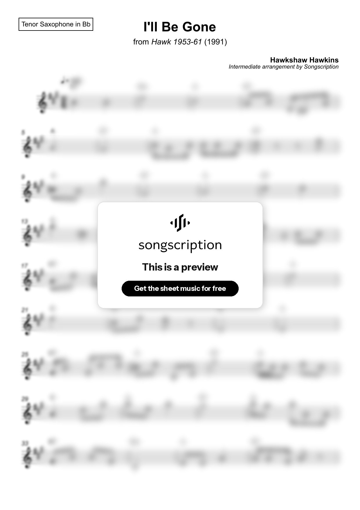 Intermediate Tenor Sax Sheet Music for "I'll Be Gone" by Hawkshaw Hawkins