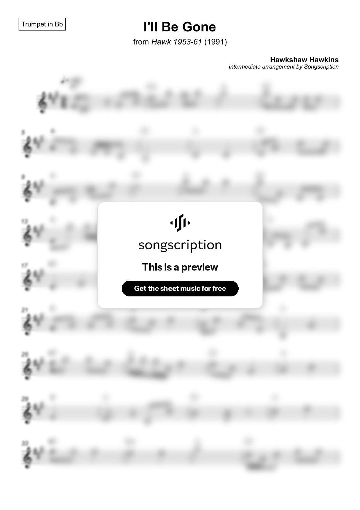 Intermediate Trumpet Sheet Music for "I'll Be Gone" by Hawkshaw Hawkins