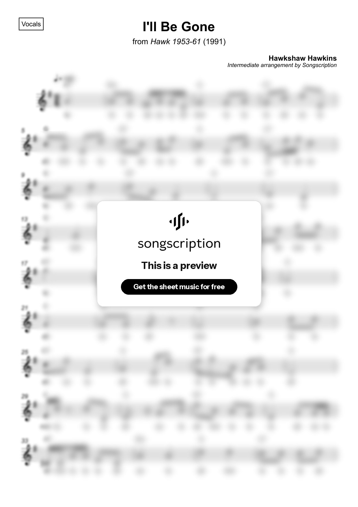 Intermediate Vocals Sheet Music for "I'll Be Gone" by Hawkshaw Hawkins