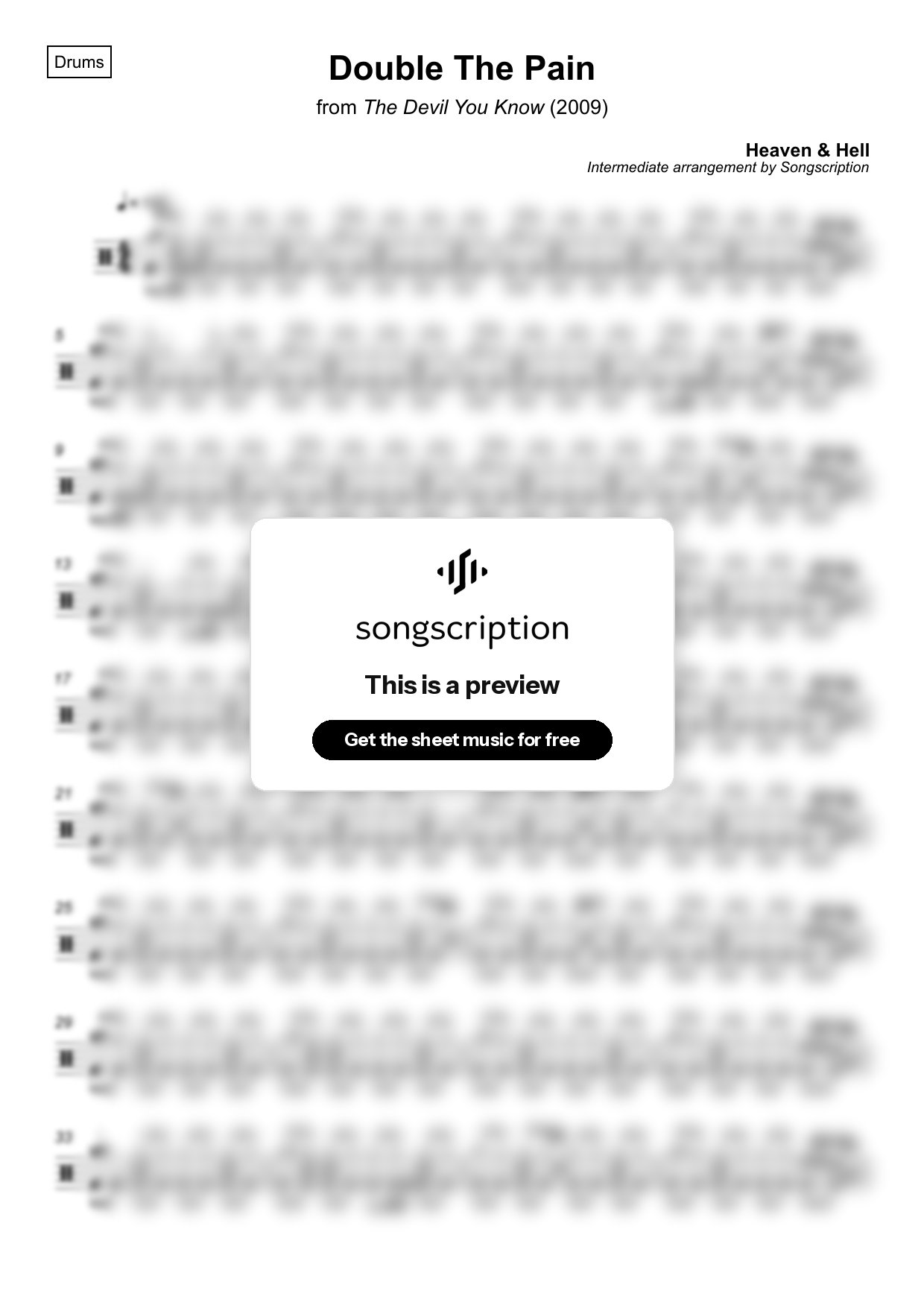 Intermediate Drums Sheet Music for "Double The Pain" by Heaven & Hell