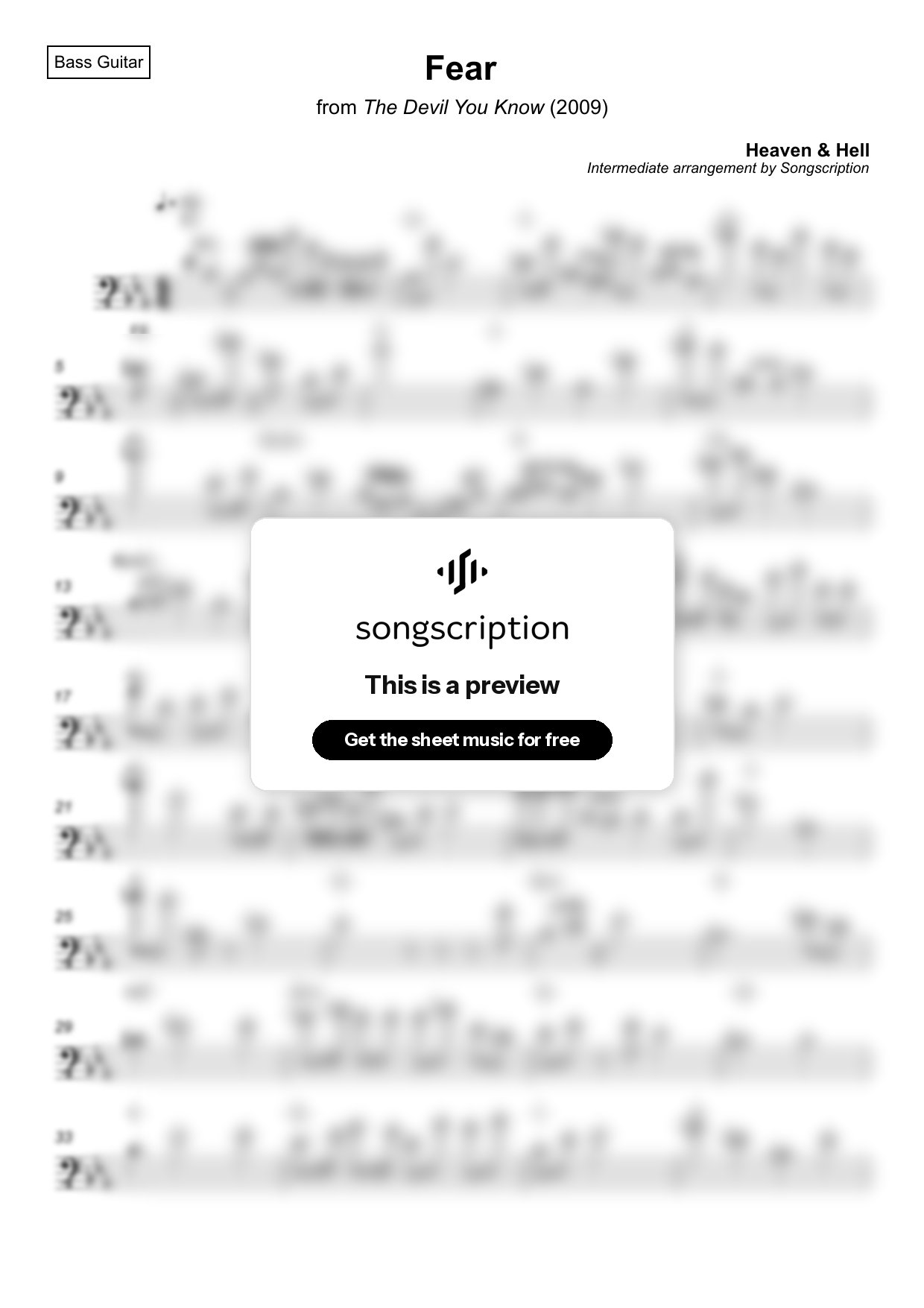 Intermediate Bass Guitar Sheet Music for "Fear" by Heaven & Hell