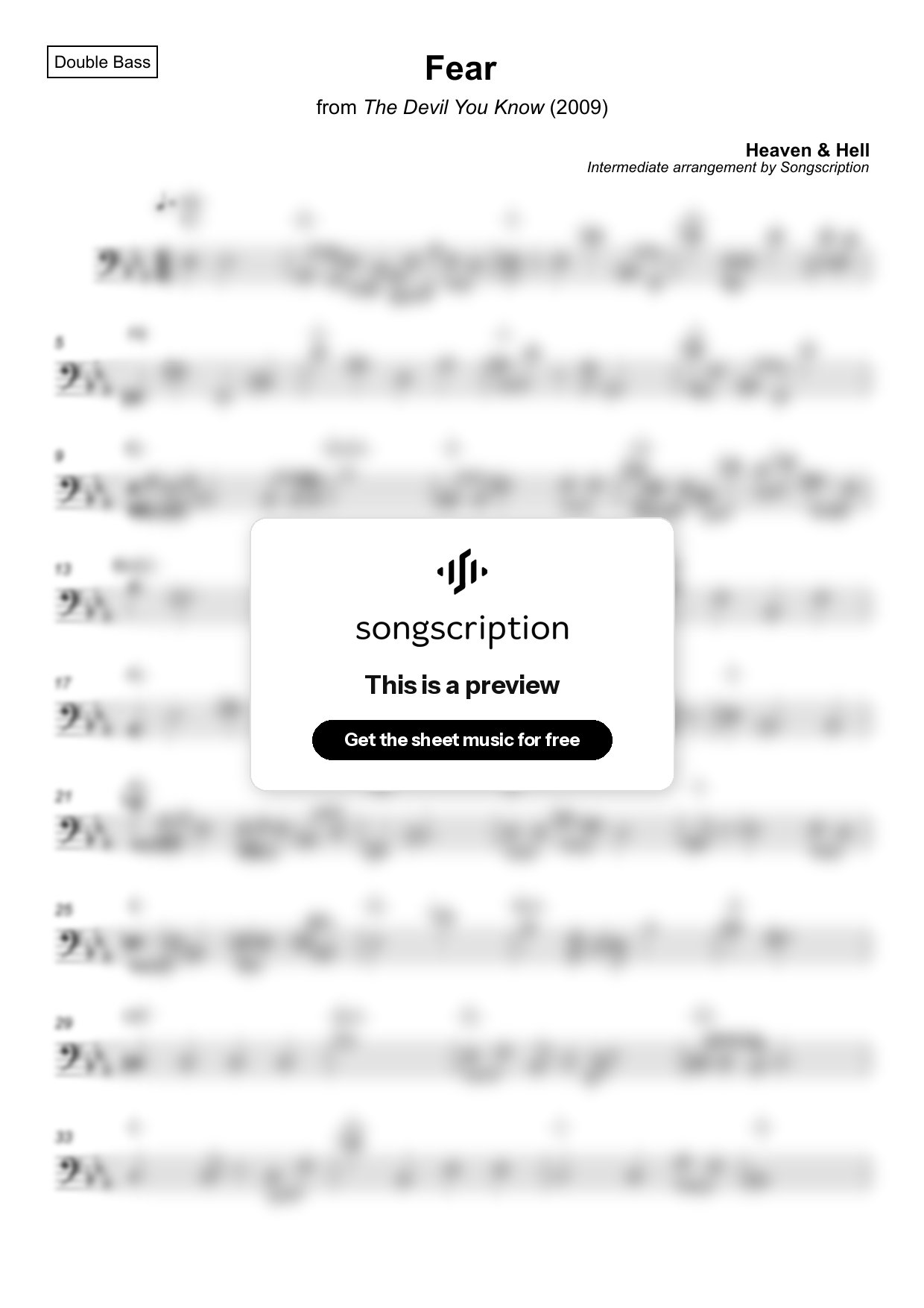 Intermediate Double Bass Sheet Music for "Fear" by Heaven & Hell
