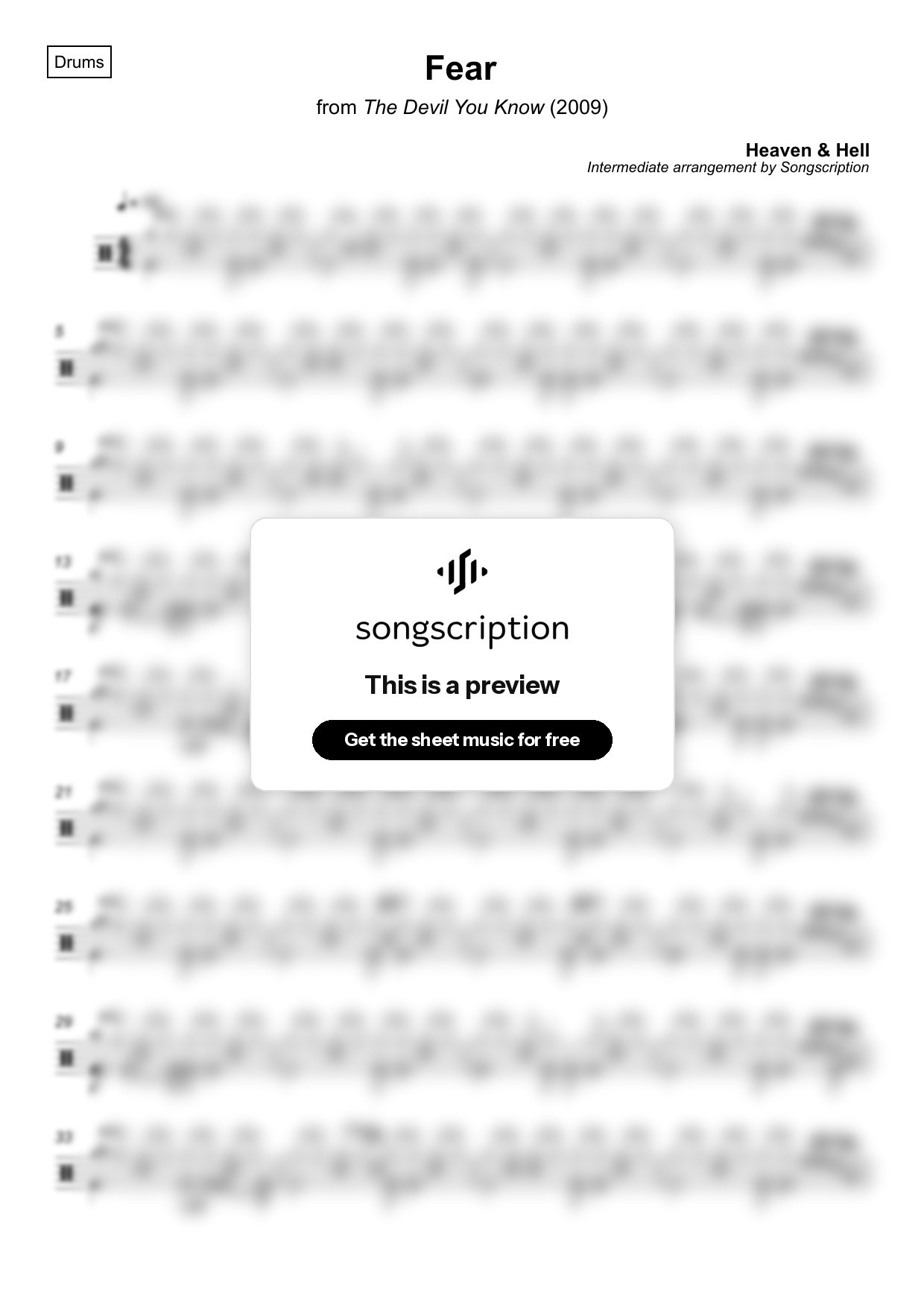 Intermediate Drums Sheet Music for "Fear" by Heaven & Hell