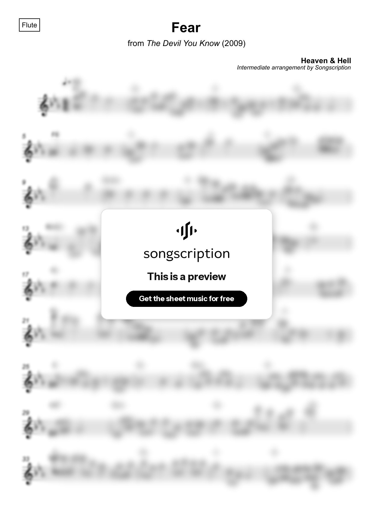 Intermediate Flute Sheet Music for "Fear" by Heaven & Hell