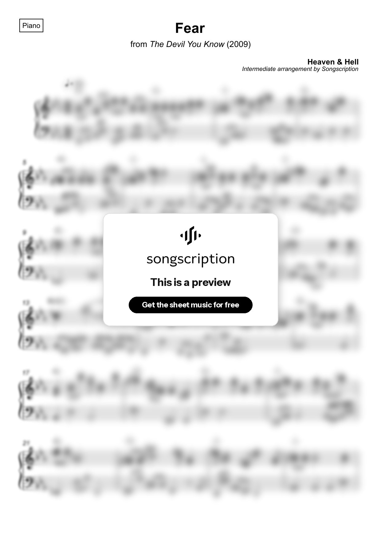 Intermediate Piano Sheet Music for "Fear" by Heaven & Hell