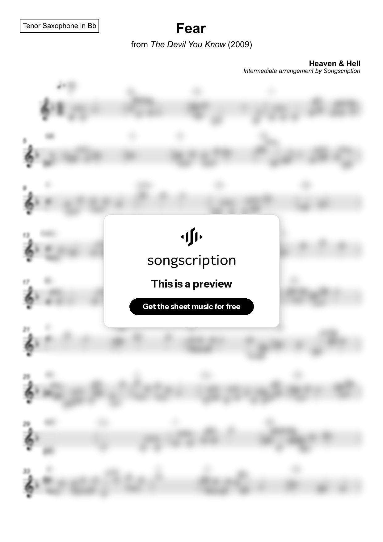 Intermediate Tenor Sax Sheet Music for "Fear" by Heaven & Hell