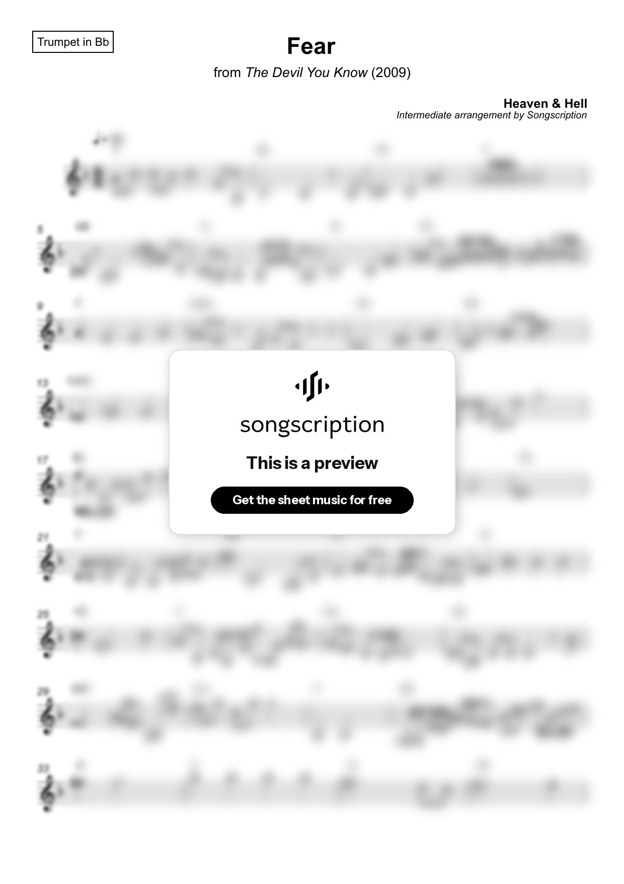 Intermediate Trumpet Sheet Music for "Fear" by Heaven & Hell