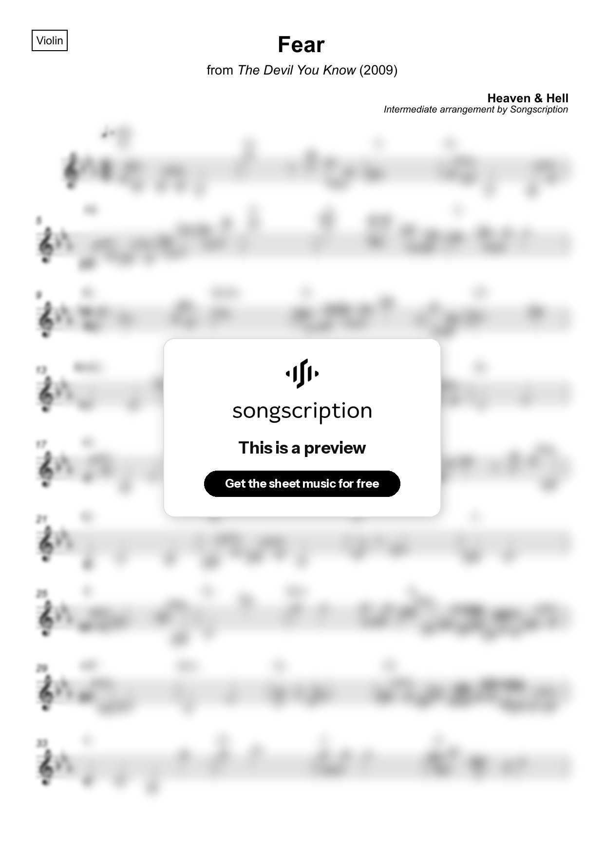 Intermediate Violin Sheet Music for "Fear" by Heaven & Hell