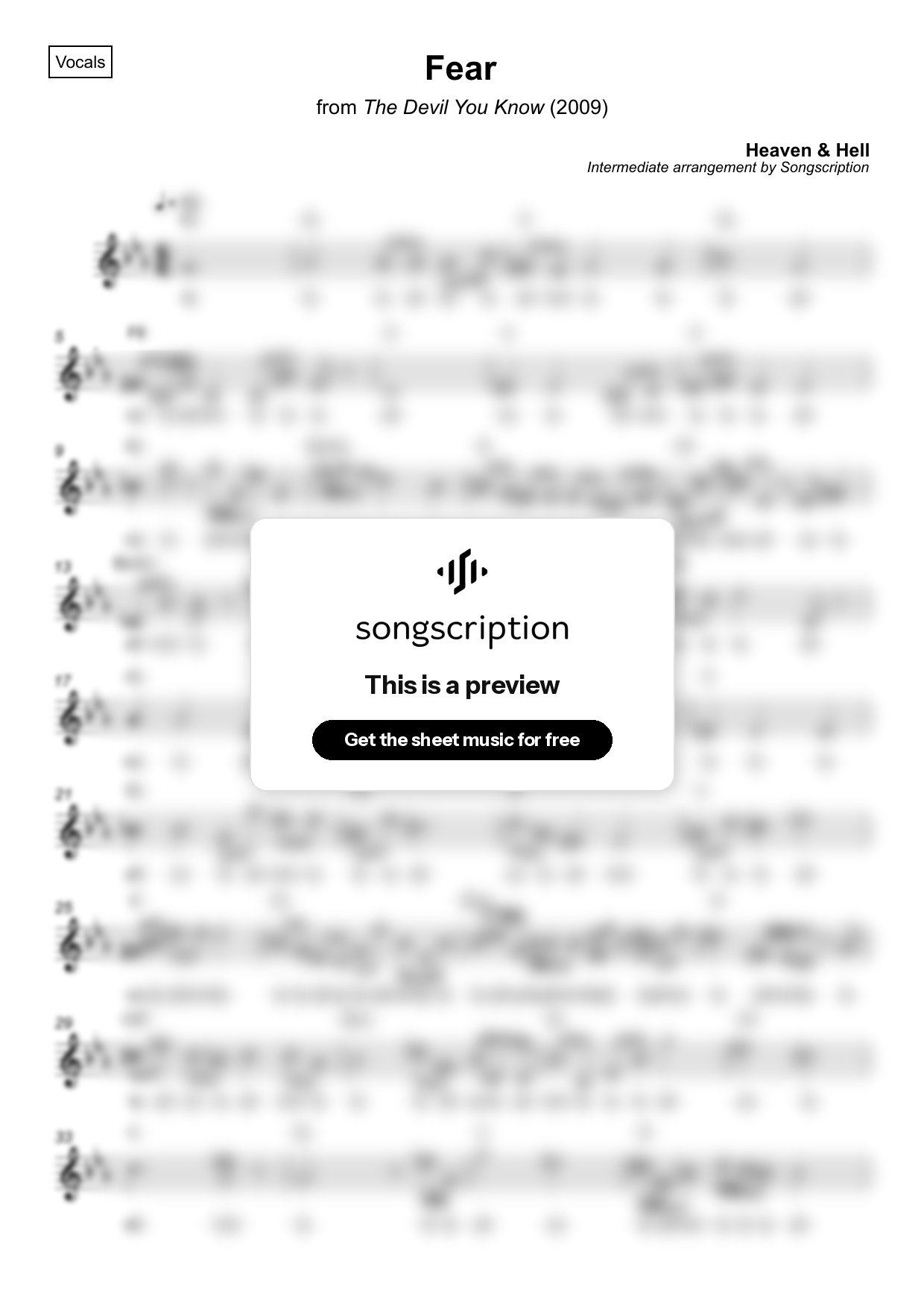 Intermediate Vocals Sheet Music for "Fear" by Heaven & Hell