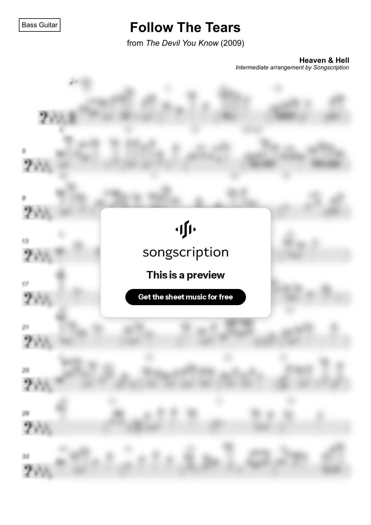 Intermediate Bass Guitar Sheet Music for "Follow The Tears" by Heaven & Hell