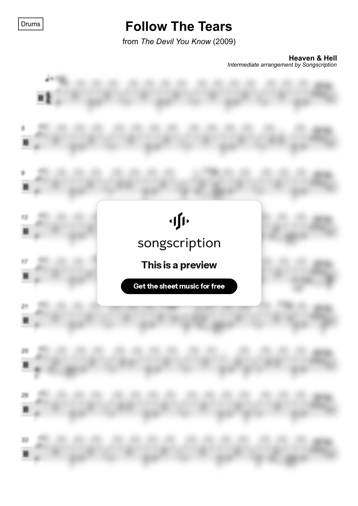 Intermediate Drums Sheet Music for "Follow The Tears" by Heaven & Hell