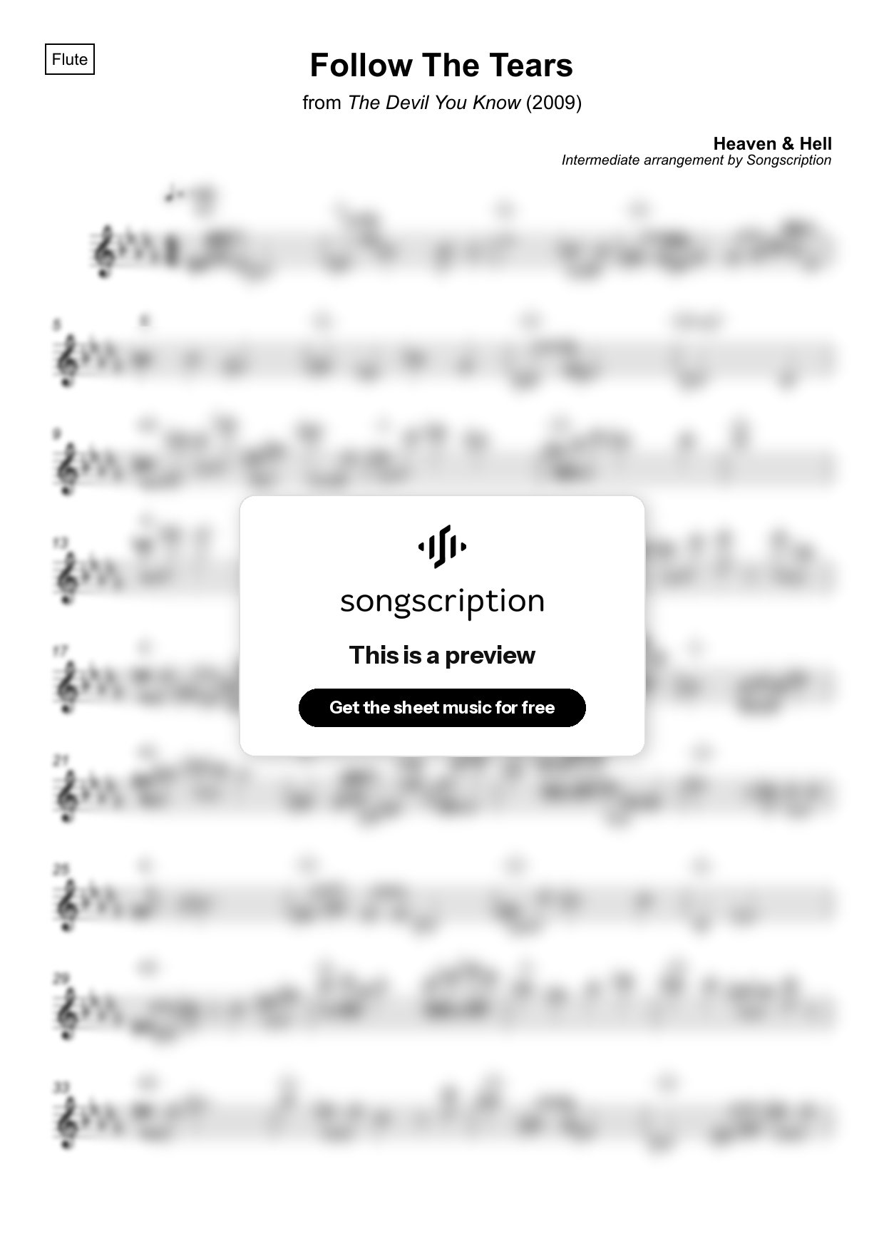 Intermediate Flute Sheet Music for "Follow The Tears" by Heaven & Hell